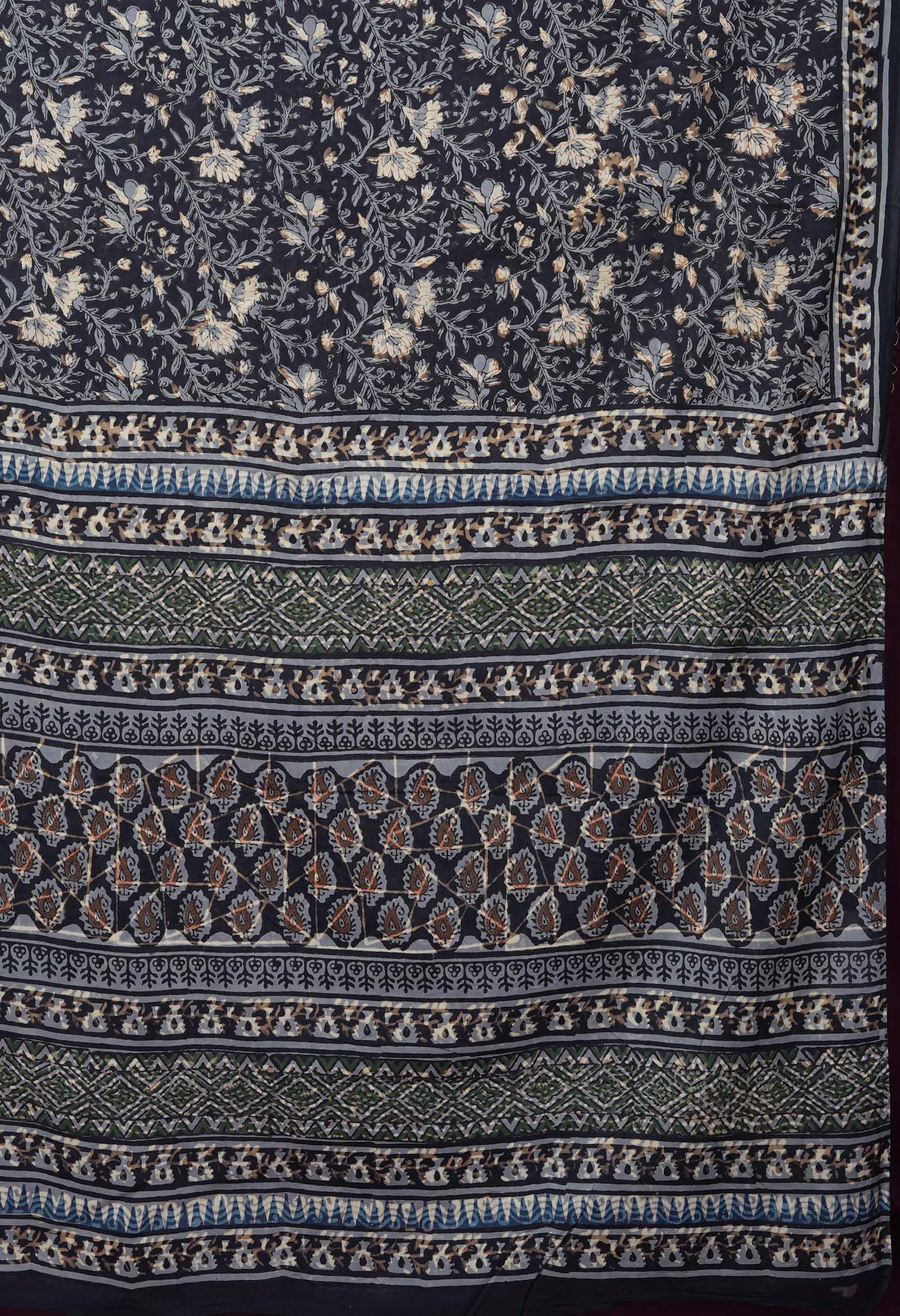 Black Pure Bagru Block Printed Soft Cotton Saree-UNM82672