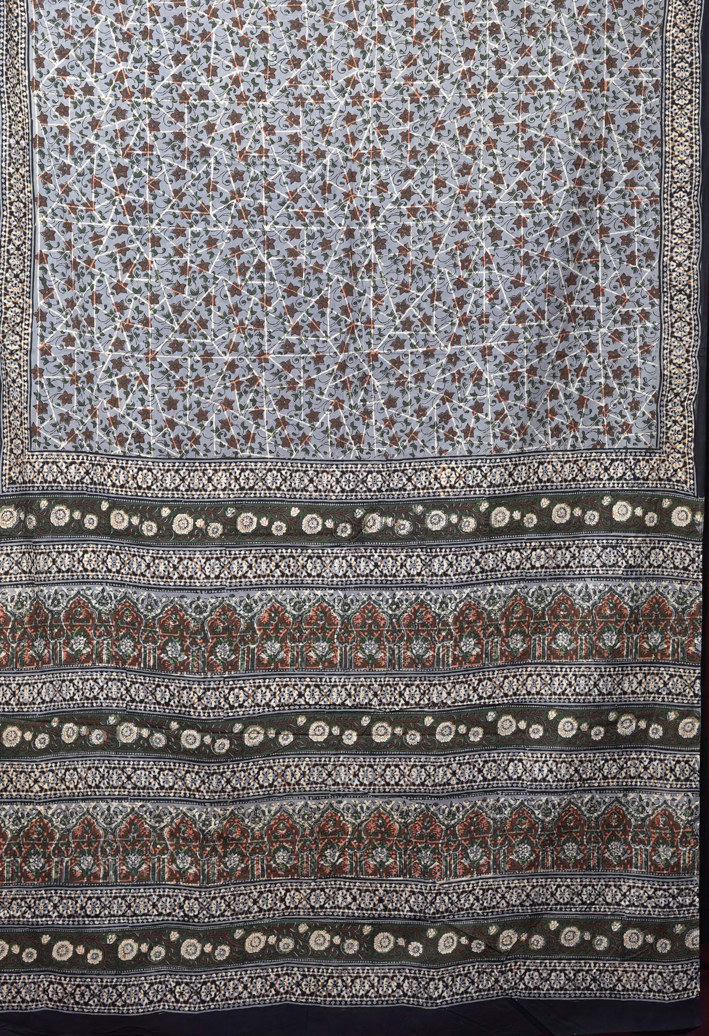Grey Pure Bagru Block Printed Soft Cotton Saree-UNM82675