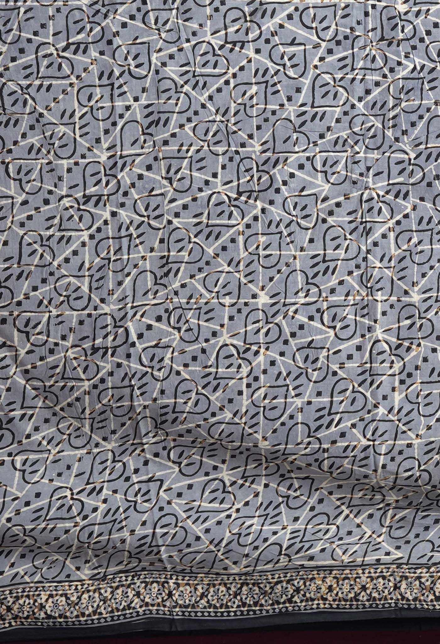 Grey Pure Bagru Block Printed Soft Cotton Saree-UNM82675
