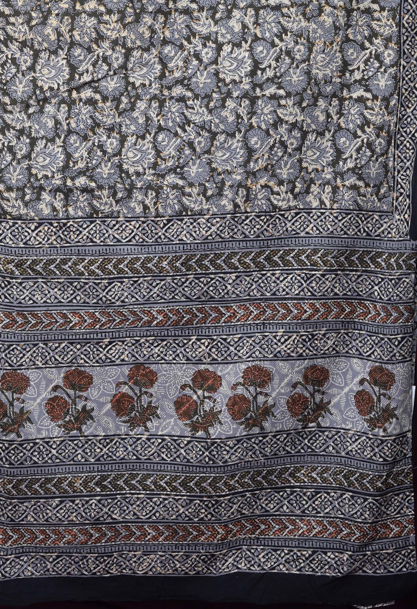Olive Green Pure Bagru Block Printed Soft Cotton Saree-UNM82678