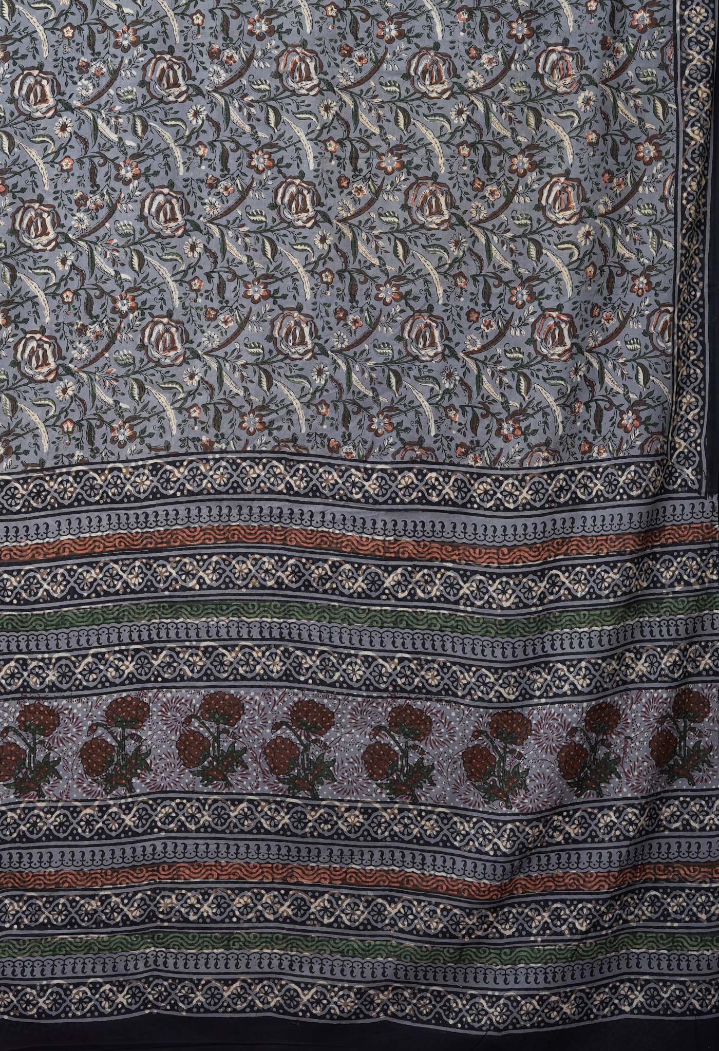 Grey Pure Bagru Block Printed Soft Cotton Saree-UNM82680