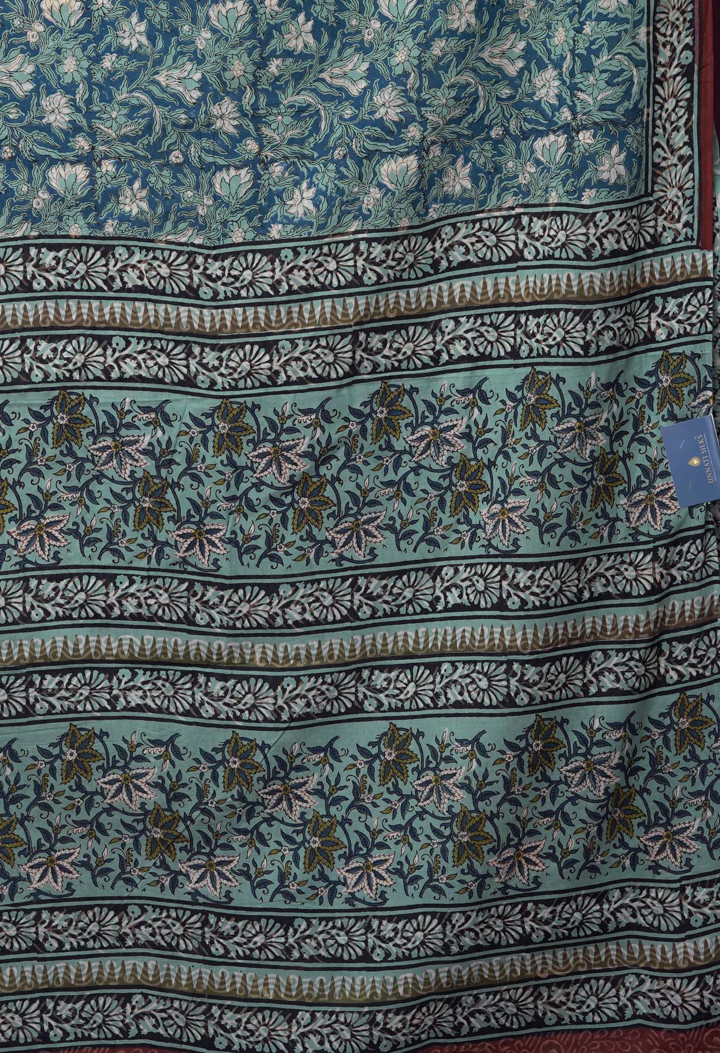 Peacock Blue Pure Bagru Block Printed Soft Cotton Saree-UNM82681