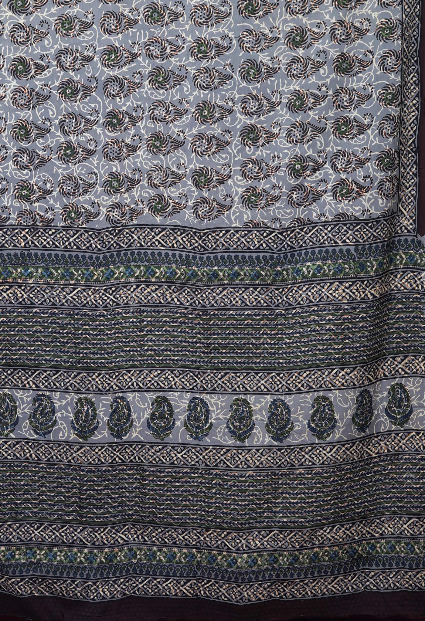 Grey Pure Bagru Block Printed Soft Cotton Saree-UNM82682