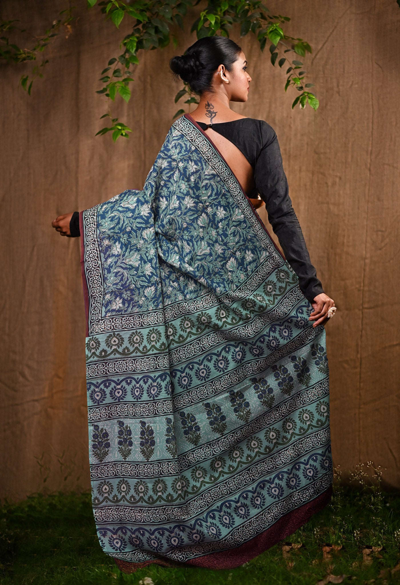 Peacock Blue Pure Bagru Block Printed Soft Cotton Saree-UNM82684