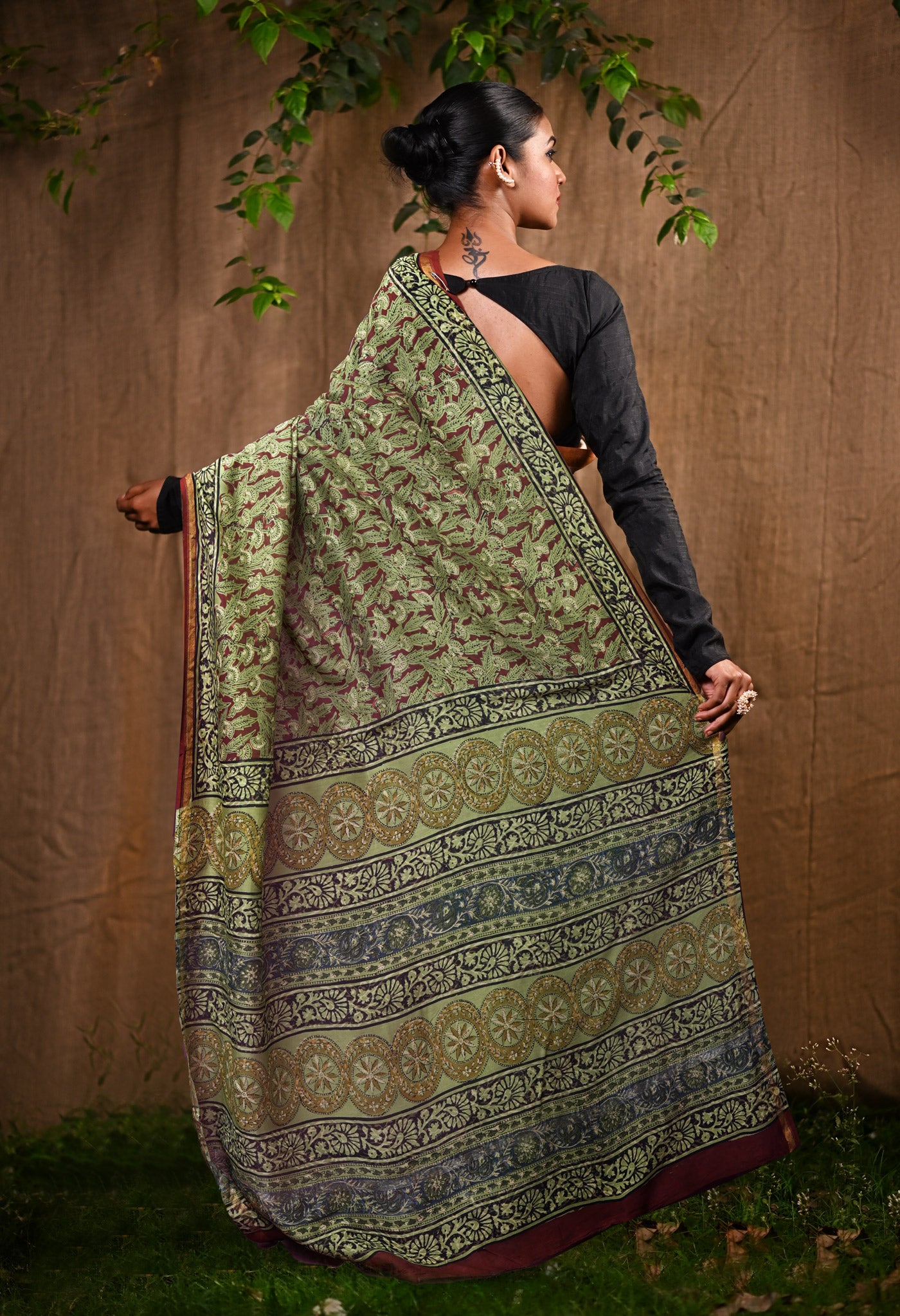 Green Pure Bagru Block Printed Chanderi Sico Saree-UNM82688