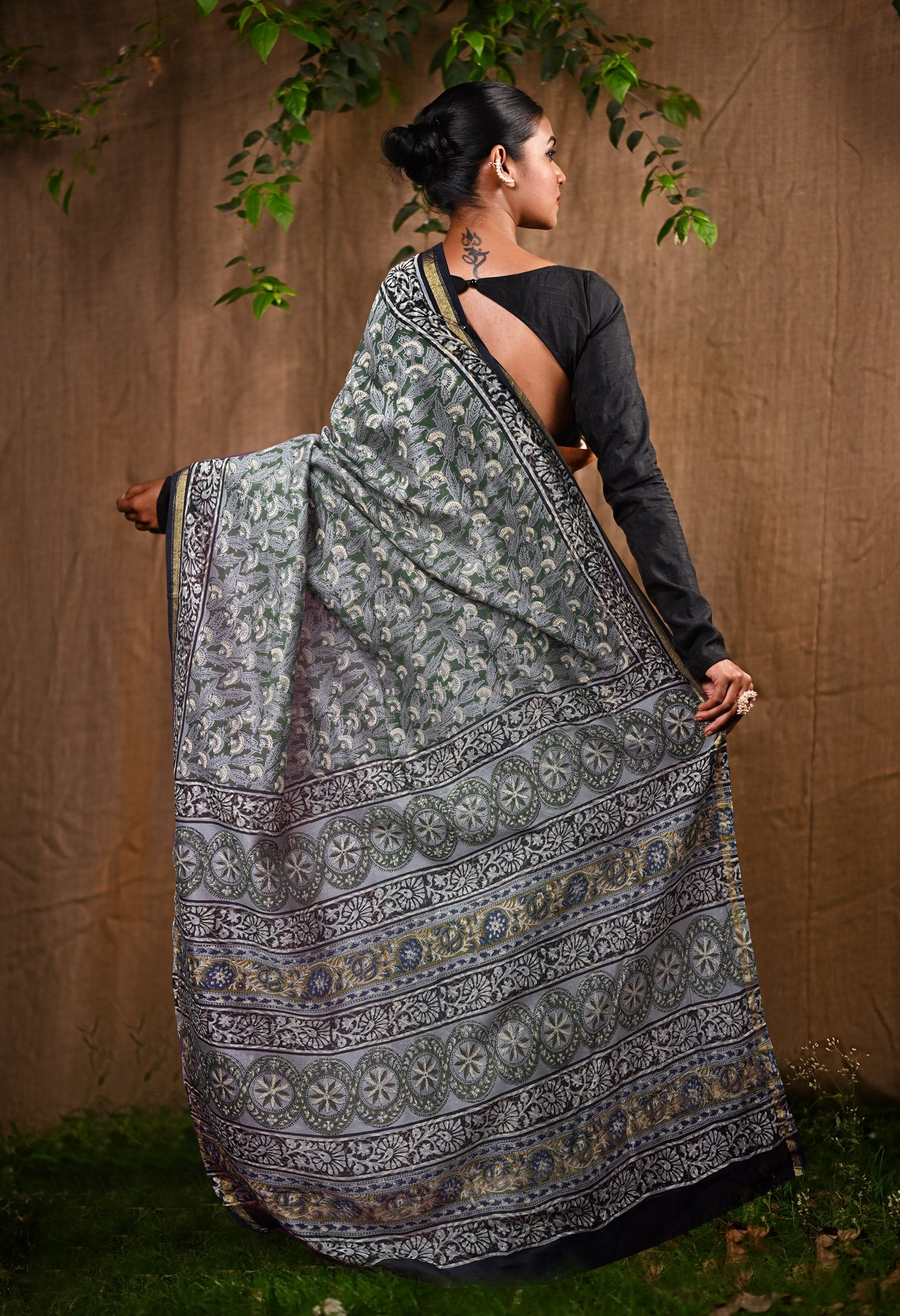 Green Pure Bagru Block Printed Chanderi Sico Saree-UNM82689