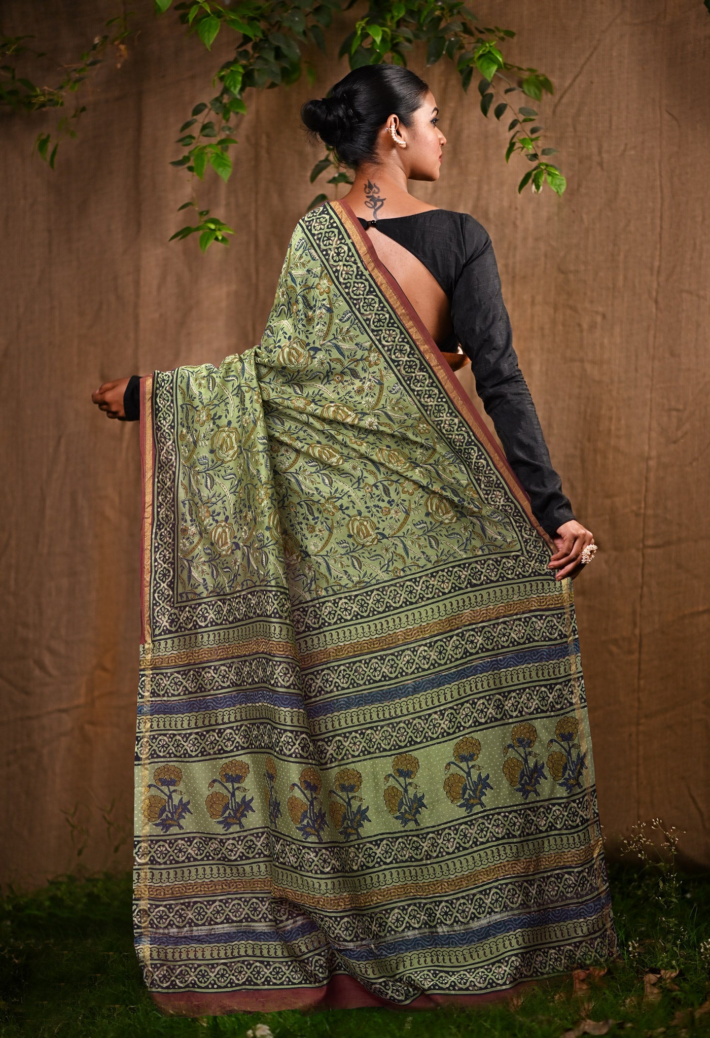 Green Pure Bagru Block Printed Chanderi Sico Saree-UNM82690