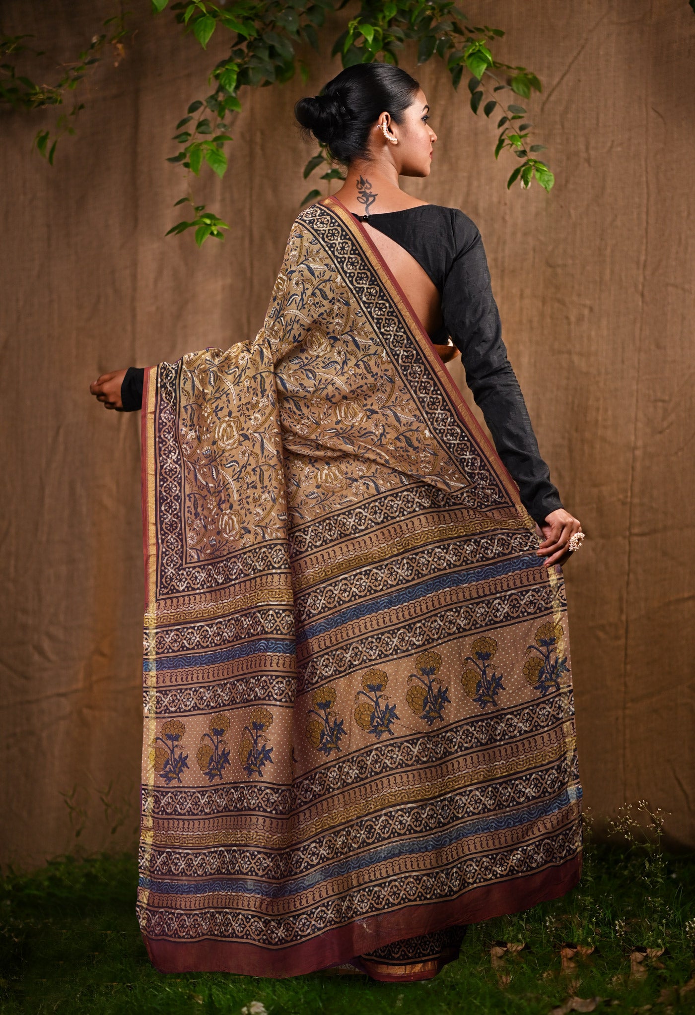 Brown Pure Bagru Block Printed Chanderi Sico Saree-UNM82691