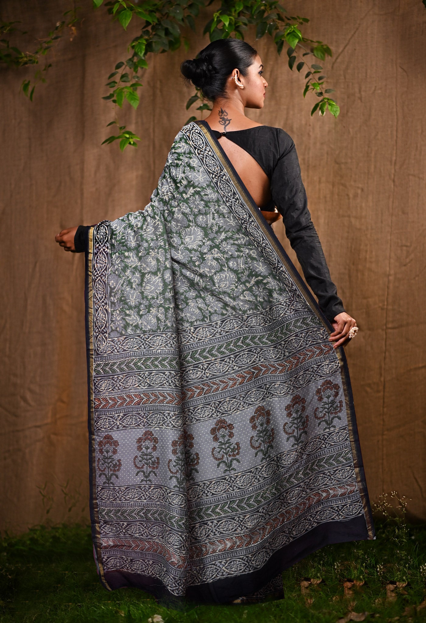 Green Pure Bagru Block Printed Chanderi Sico Saree-UNM82692