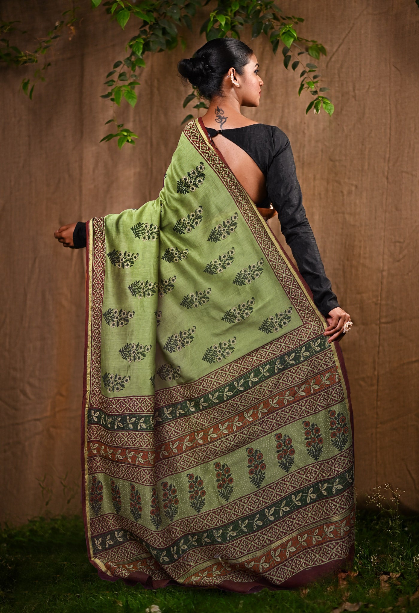 Green Pure Bagru Block Printed Chanderi Sico Saree-UNM82693