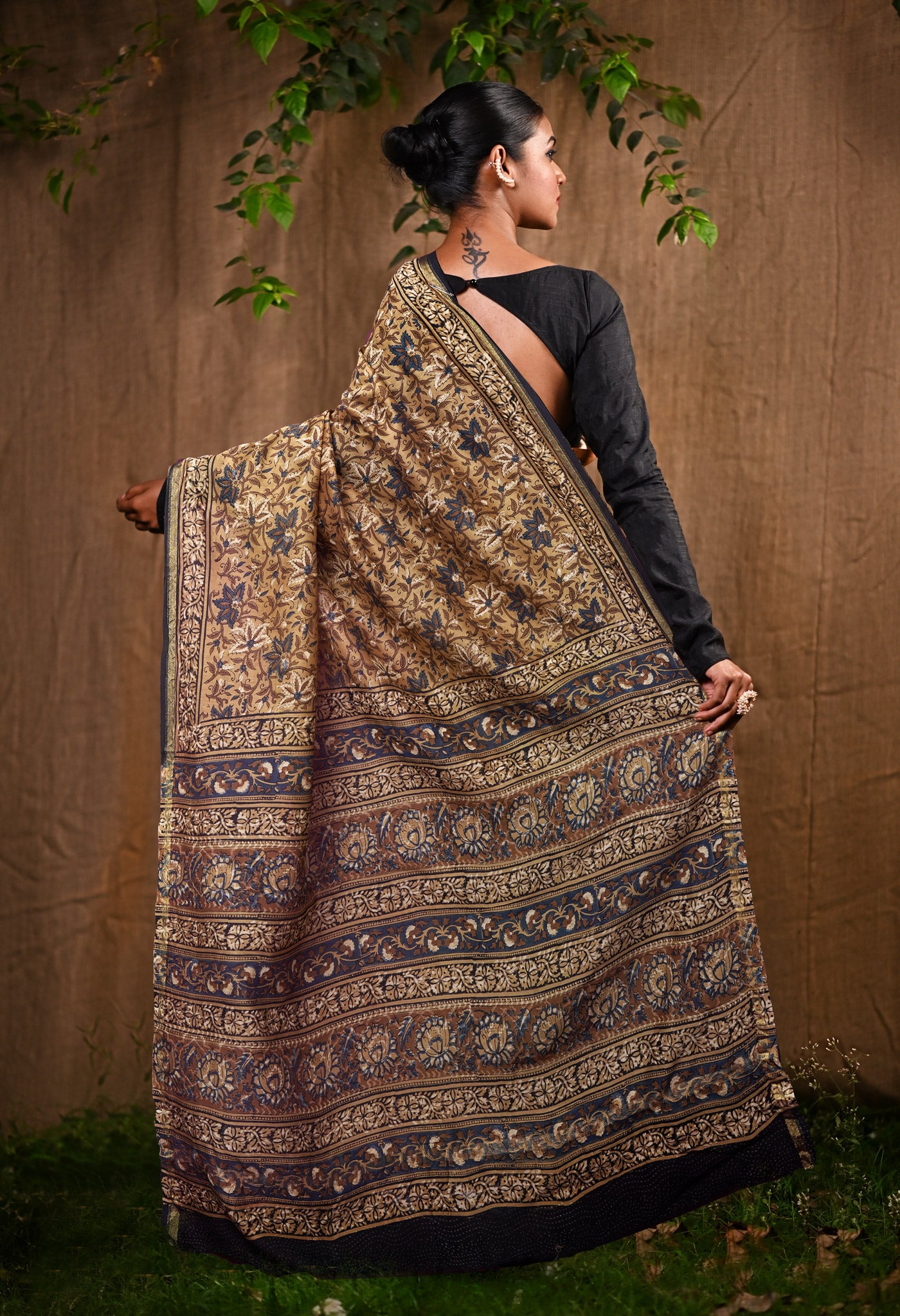 Brown Pure Bagru Block Printed Chanderi Sico Saree-UNM82697