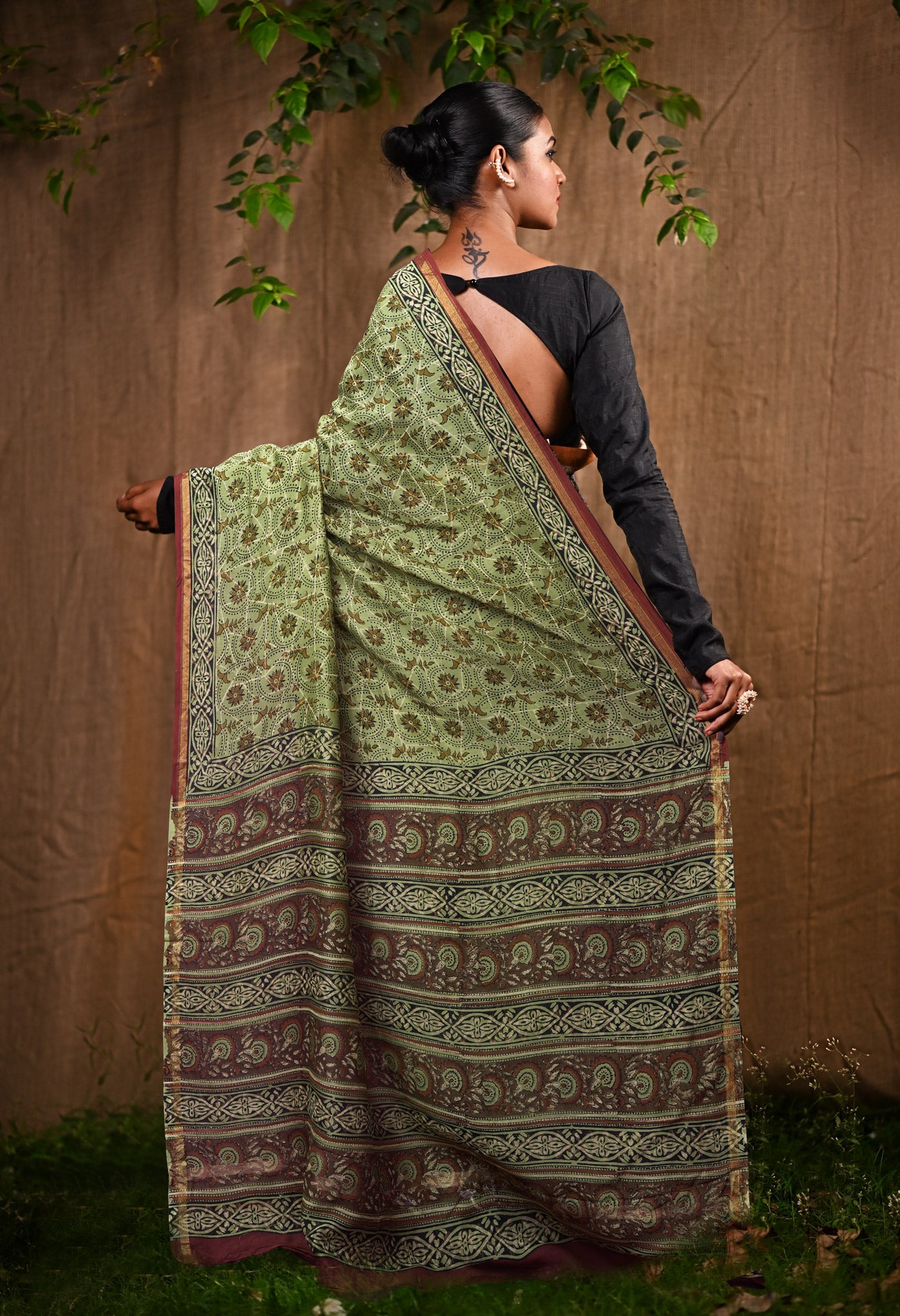 Green Pure Bagru Block Printed Chanderi Sico Saree-UNM82698