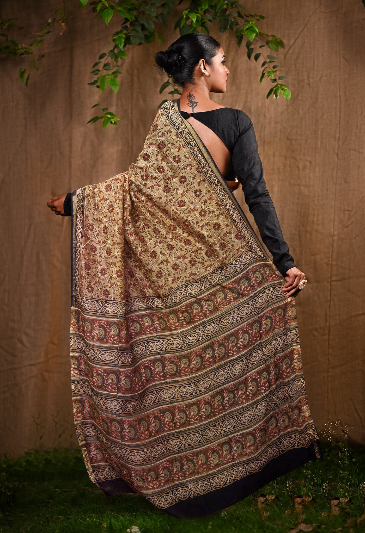 Brown Pure Bagru Block Printed Chanderi Sico Saree-UNM82700
