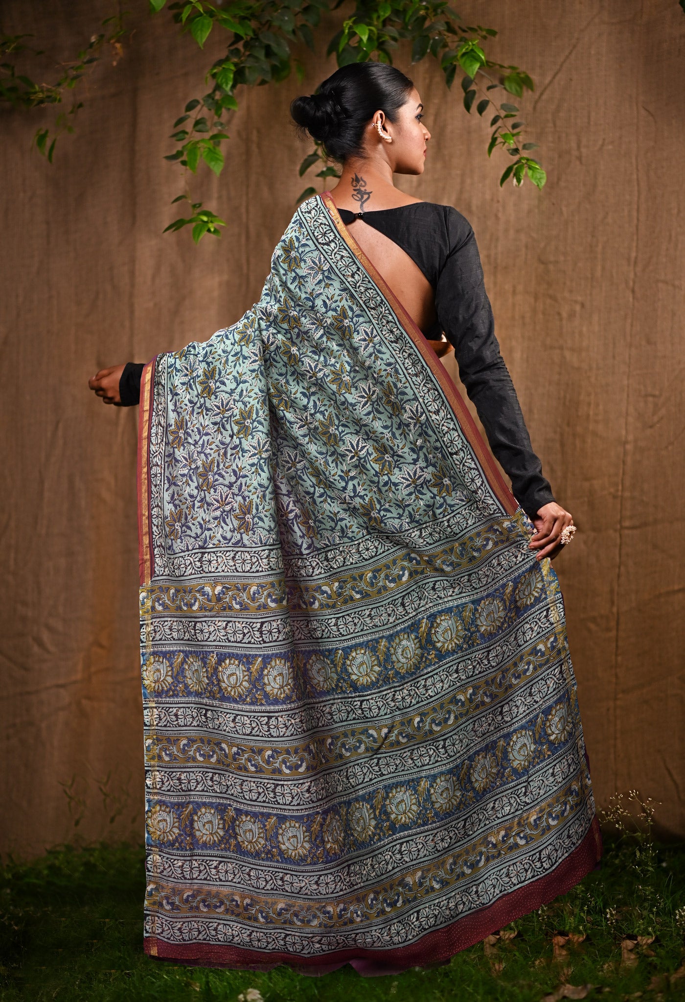 Pale Blue Pure Bagru Block Printed Chanderi Sico Saree-UNM82701