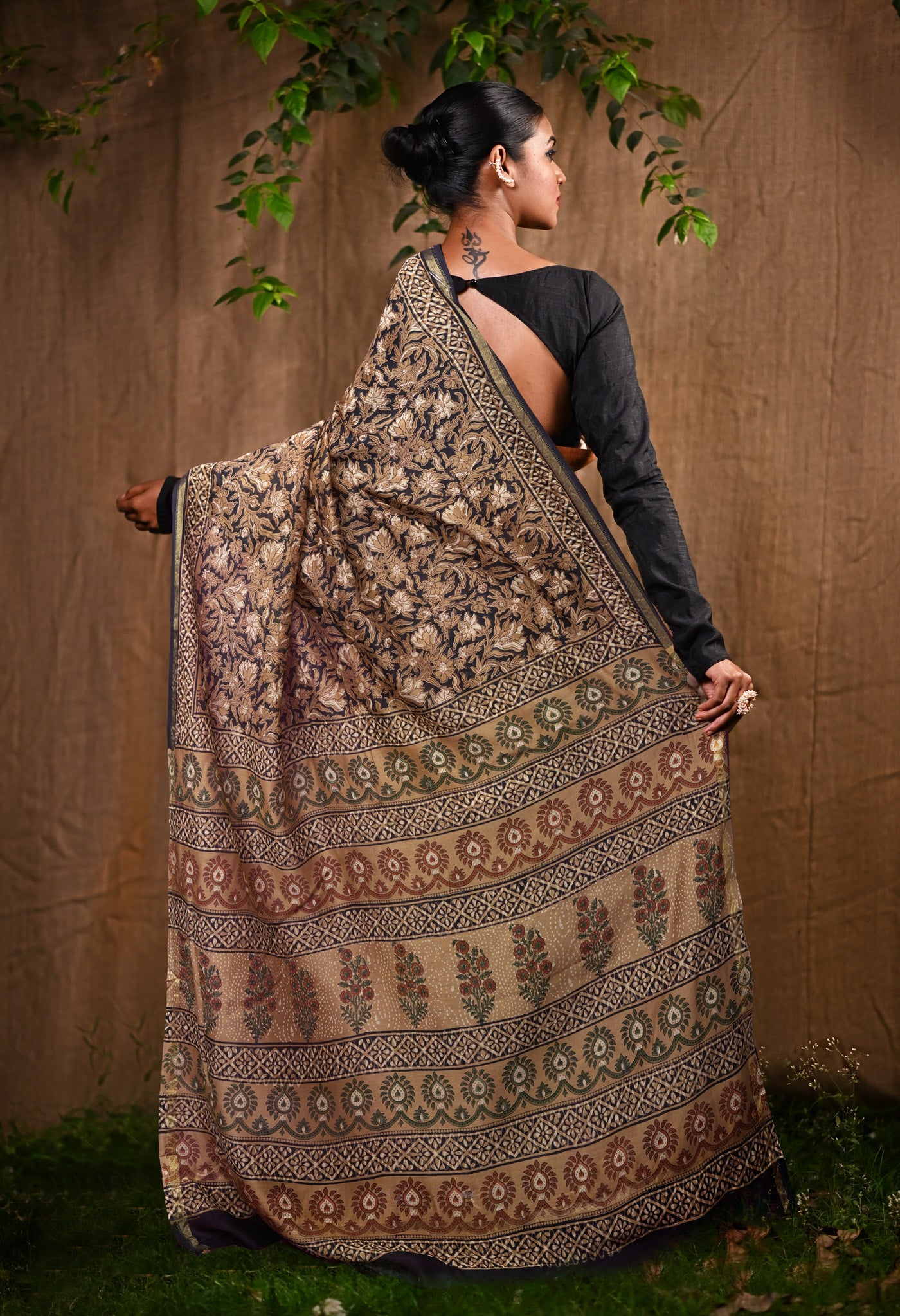 Black Pure Bagru Block Printed Chanderi Sico Saree-UNM82703