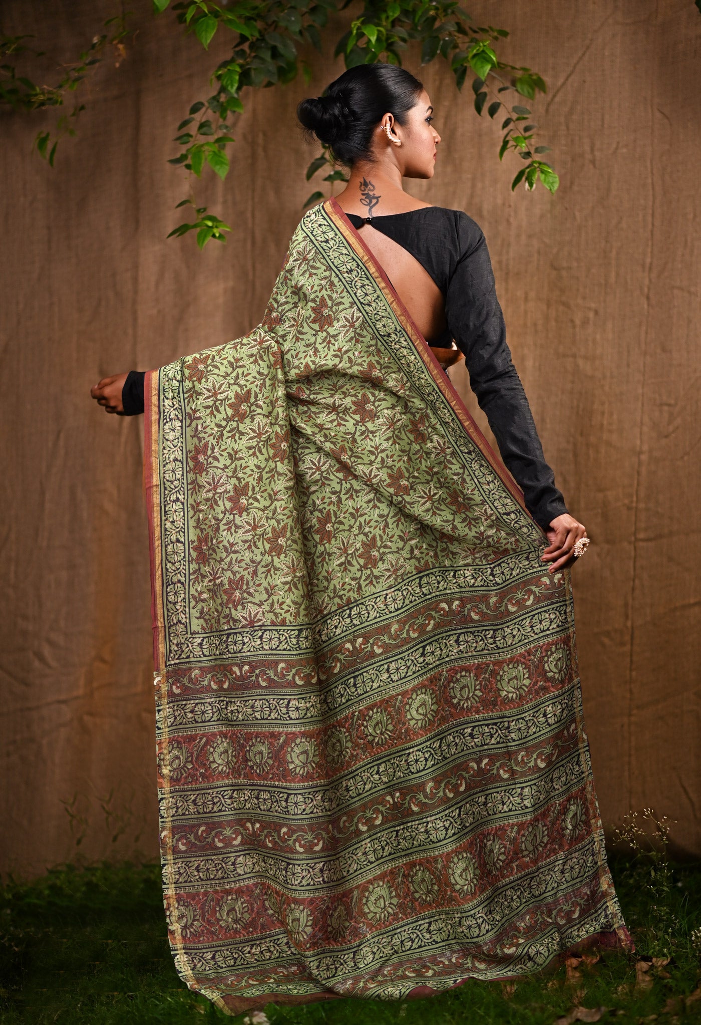 Green Pure Bagru Block Printed Chanderi Sico Saree-UNM82705