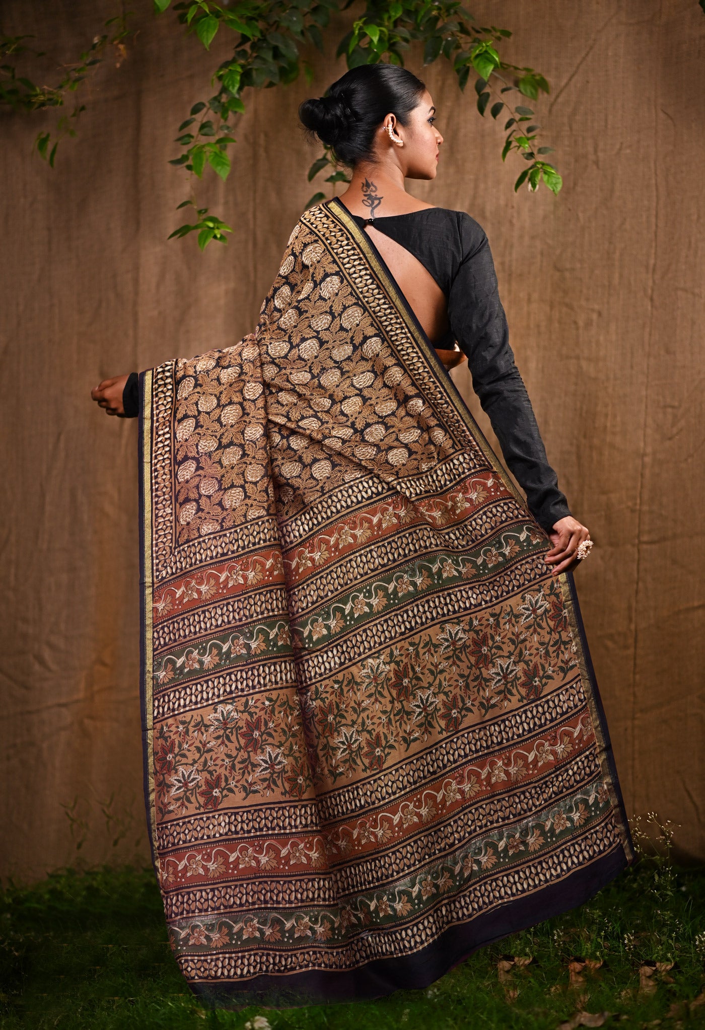 Black Pure Bagru Block Printed Chanderi Sico Saree-UNM82706