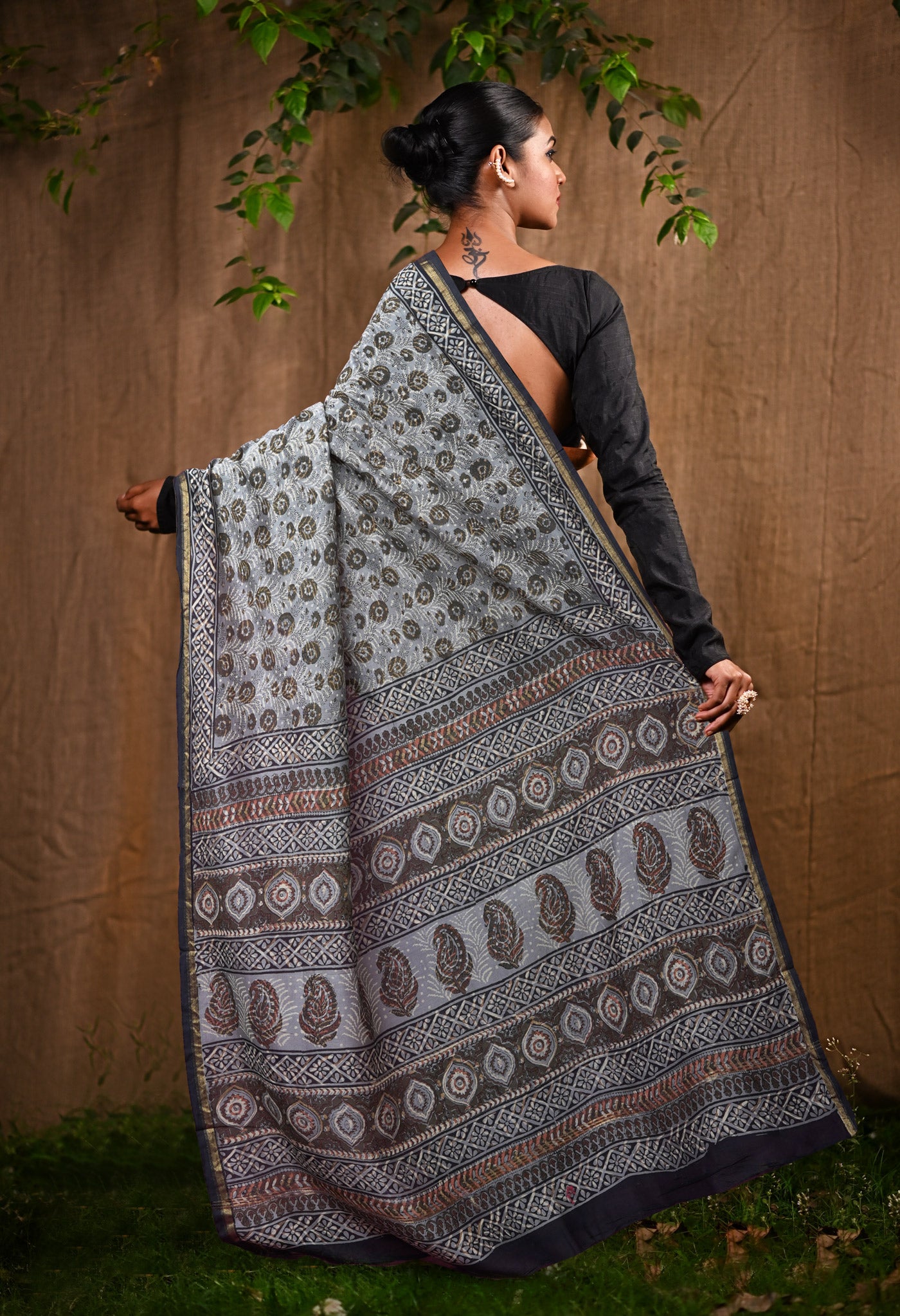 Grey Pure Bagru Block Printed Chanderi Sico Saree-UNM82708
