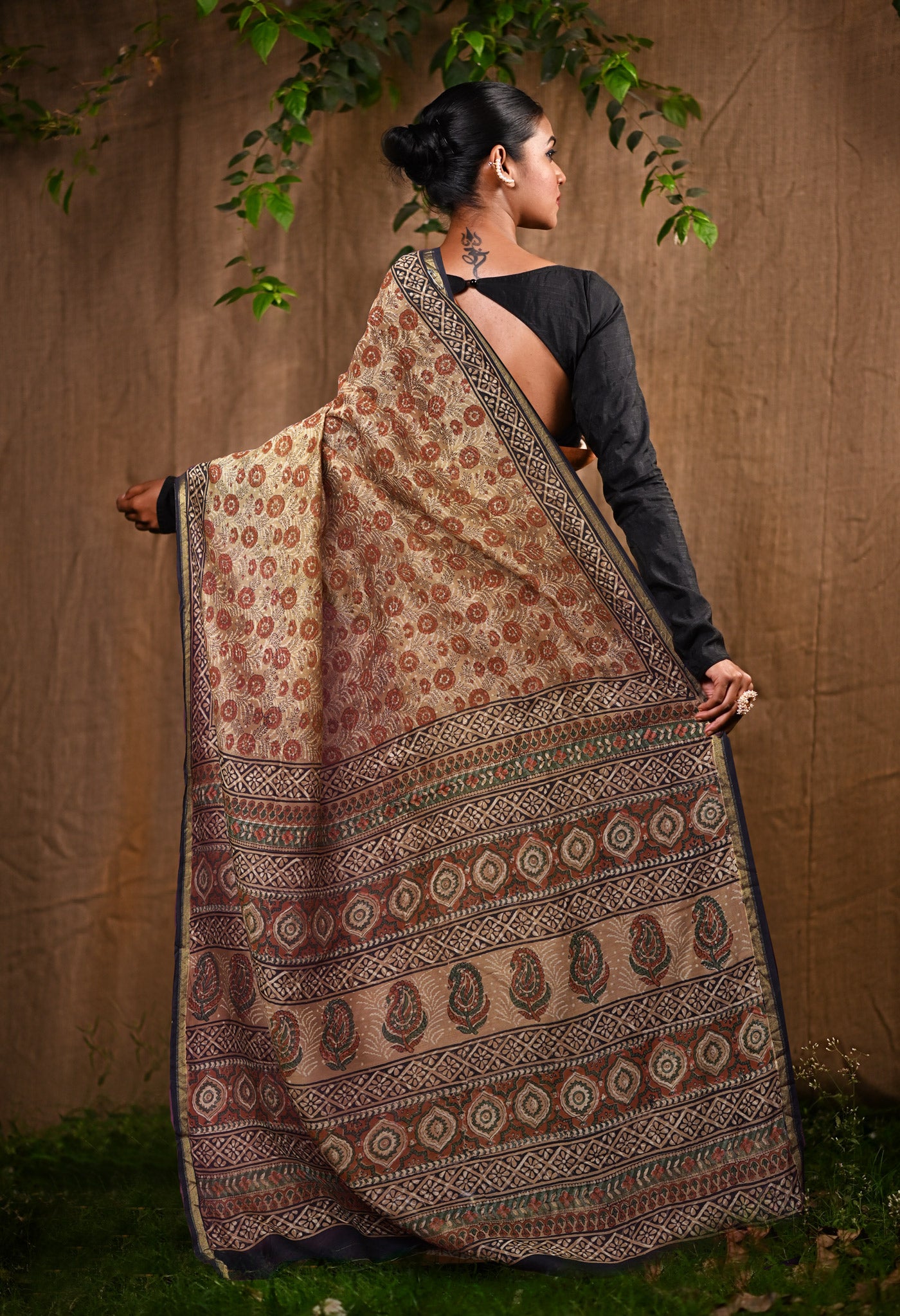 Brown Pure Bagru Block Printed Chanderi Sico Saree-UNM82709