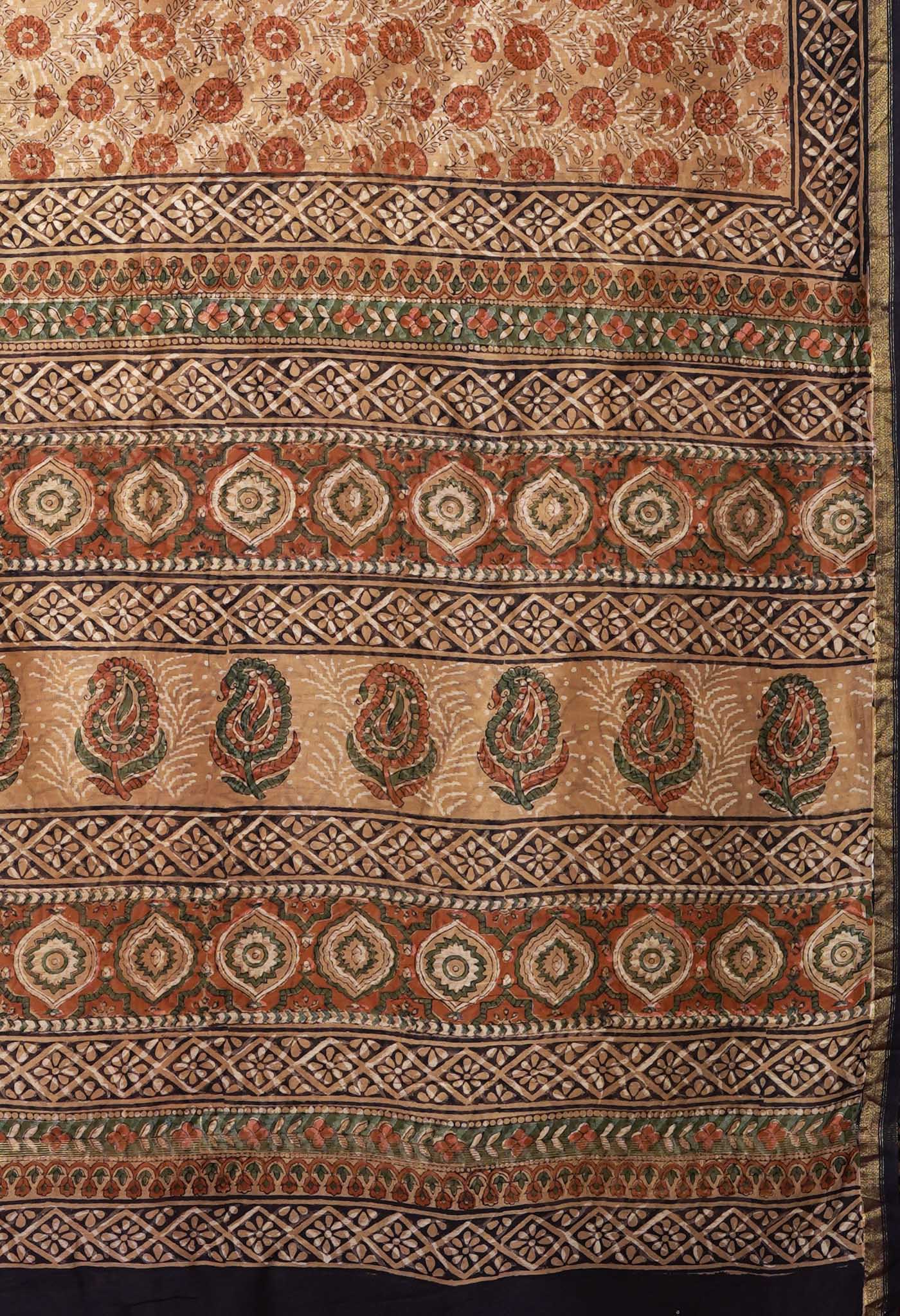 Brown Pure Bagru Block Printed Chanderi Sico Saree-UNM82709