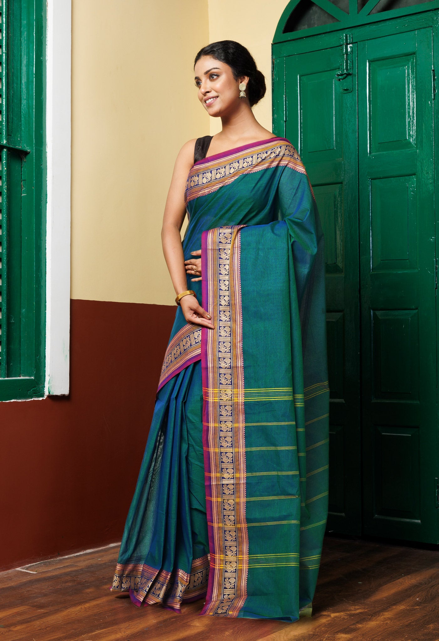 Peacock Green Pure Pavani Handcrafted Kanchi Cotton Saree-UNM82714