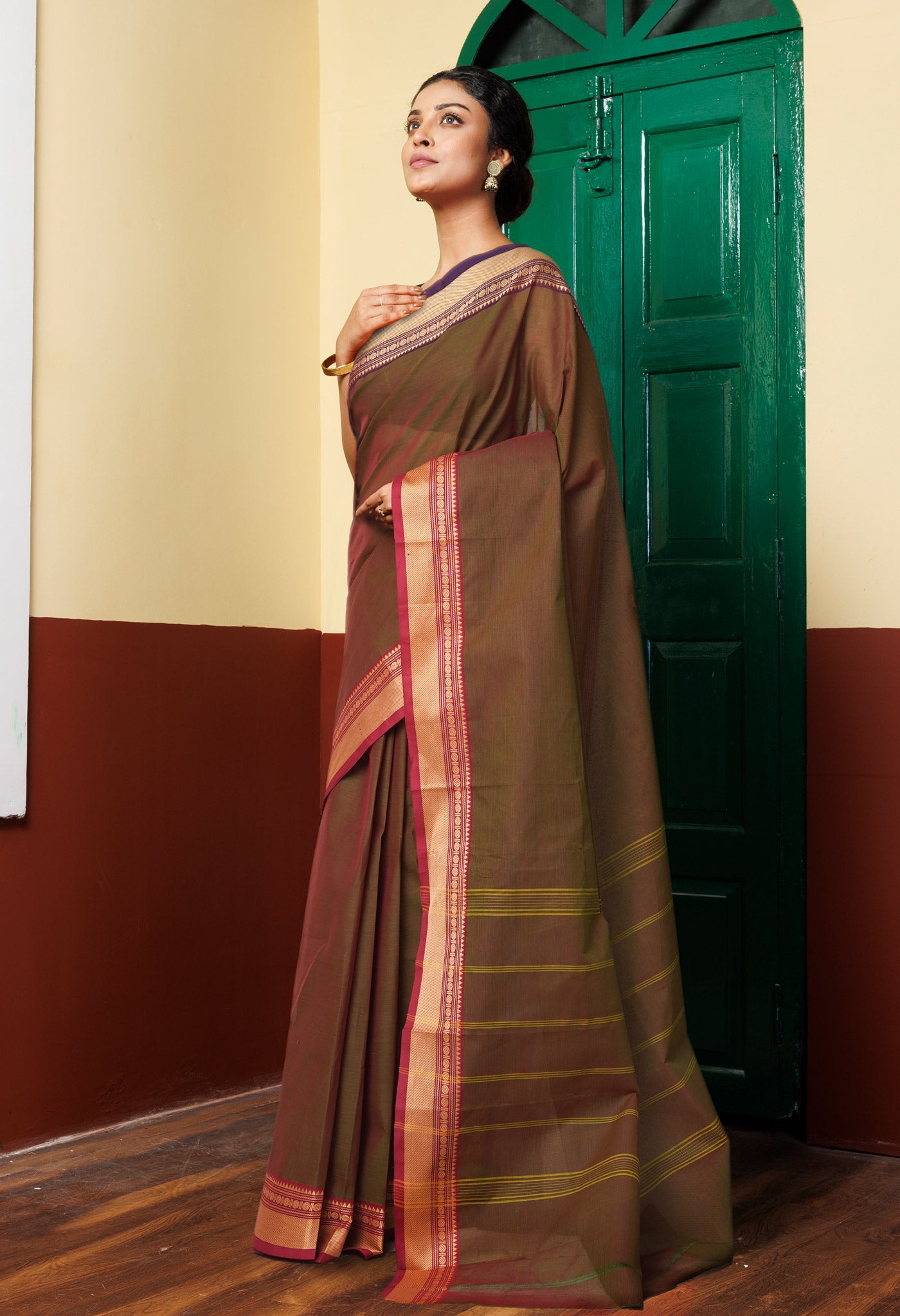 Olive Green Pure Pavani Handcrafted Kanchi Cotton Saree-UNM82721