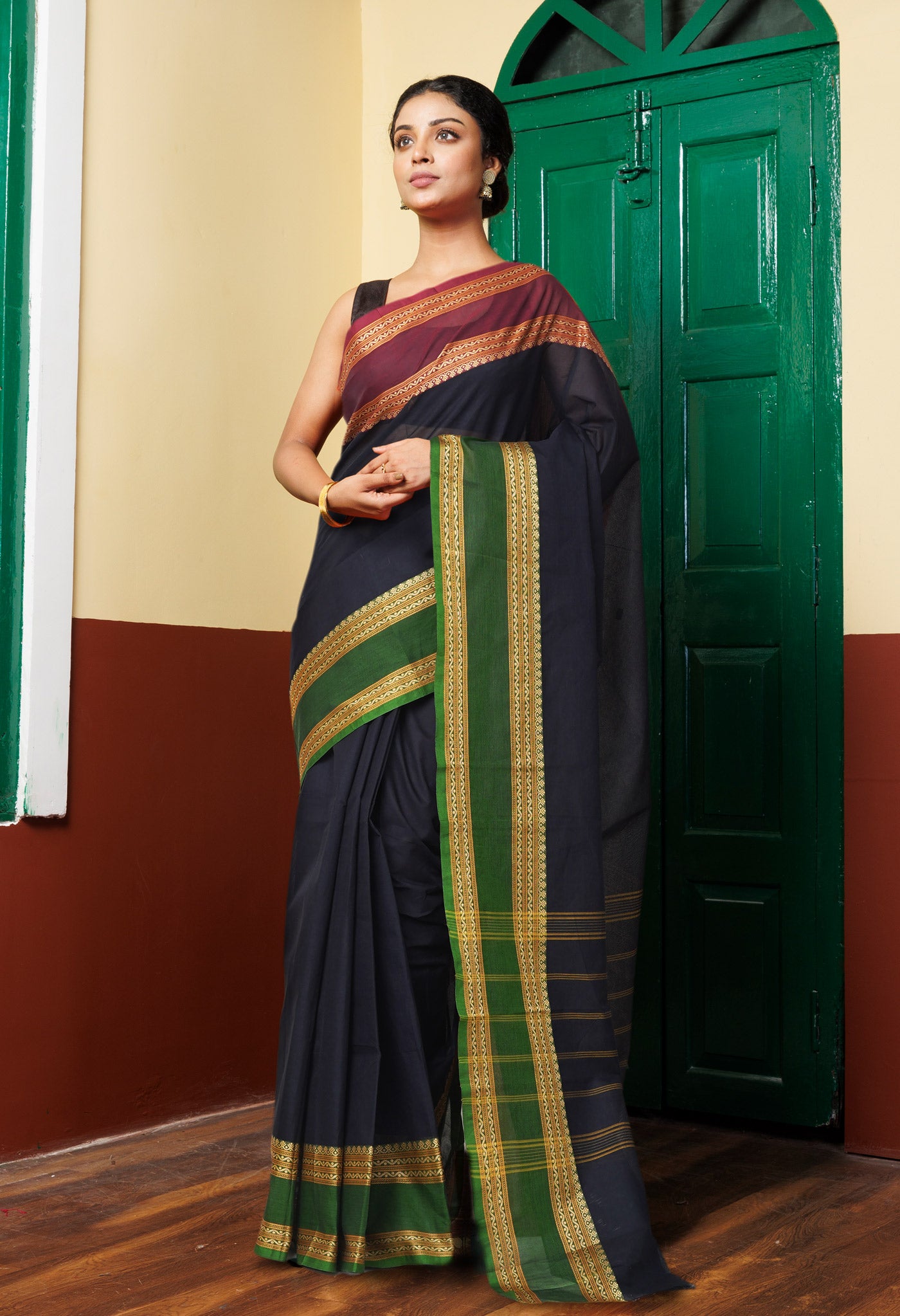 Black Pure Pure Pavani Handcrafted Kanchi Cotton Saree-UNM82727