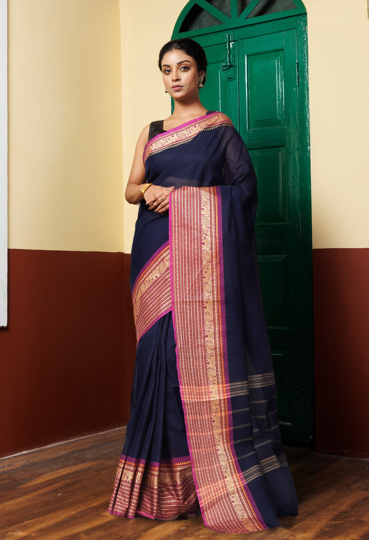 Navy Blue Pure Pavani Handcrafted Kanchi Cotton Saree-UNM82728