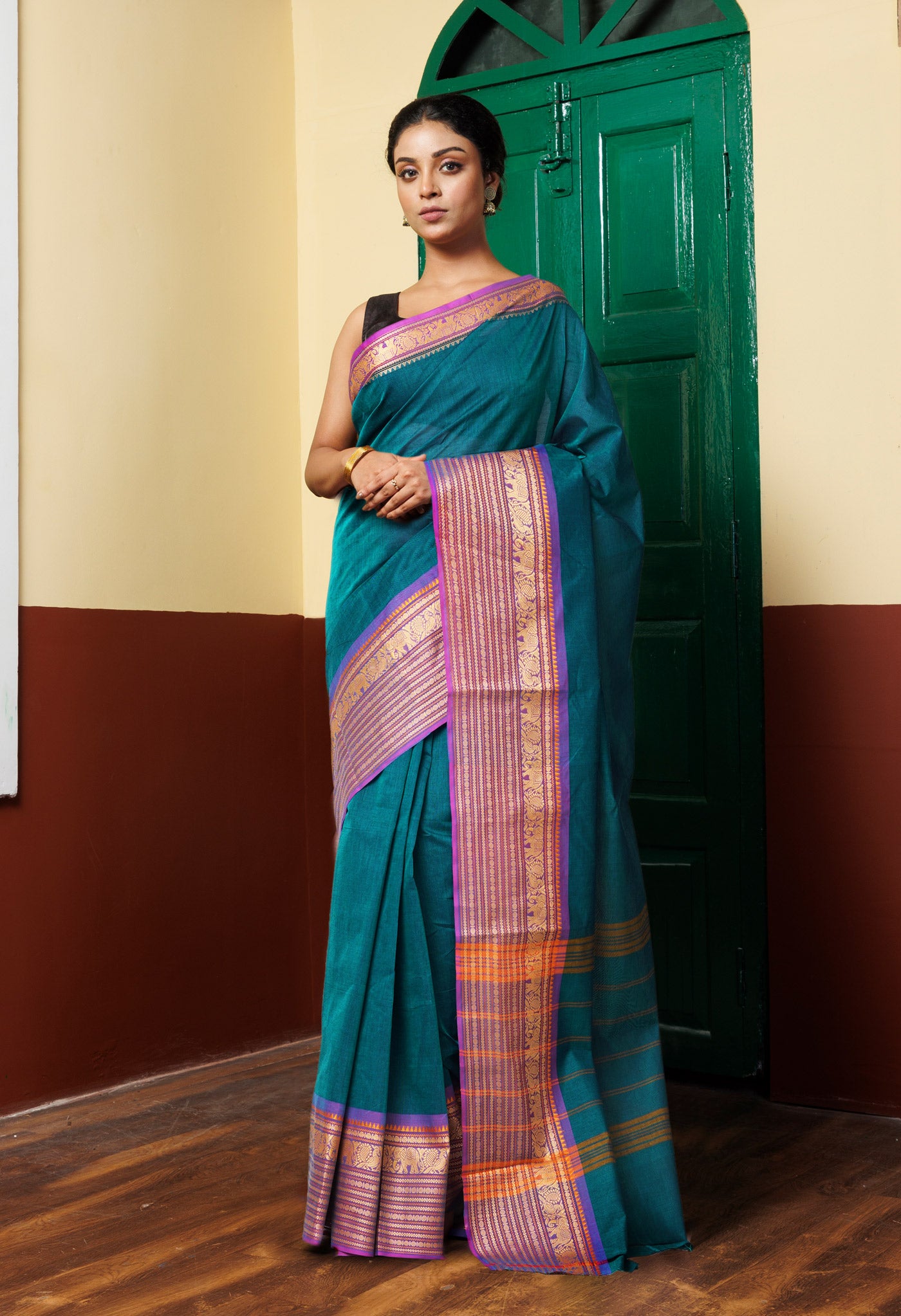 Peacock Blue Pure Pavani Handcrafted Kanchi Cotton Saree-UNM82730