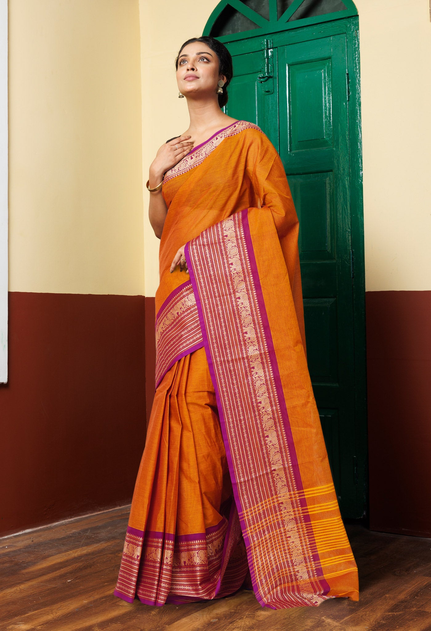 Mustard Yellow Pure Pavani Handcrafted Kanchi Cotton Saree-UNM82731