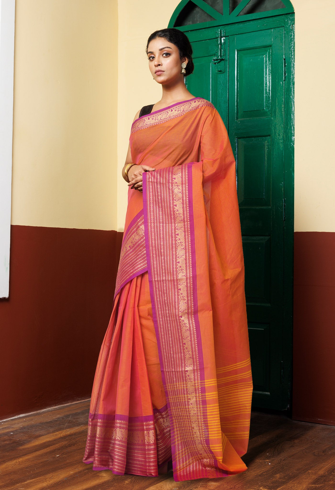 Orange Pure Pavani Handcrafted Kanchi Cotton Saree-UNM82735