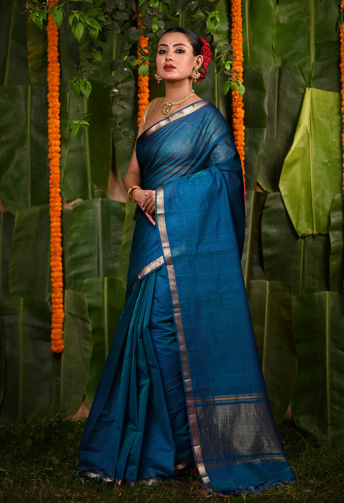 Peacock Blue Pure Plain Mangalgiri Cotton Saree-UNM82884