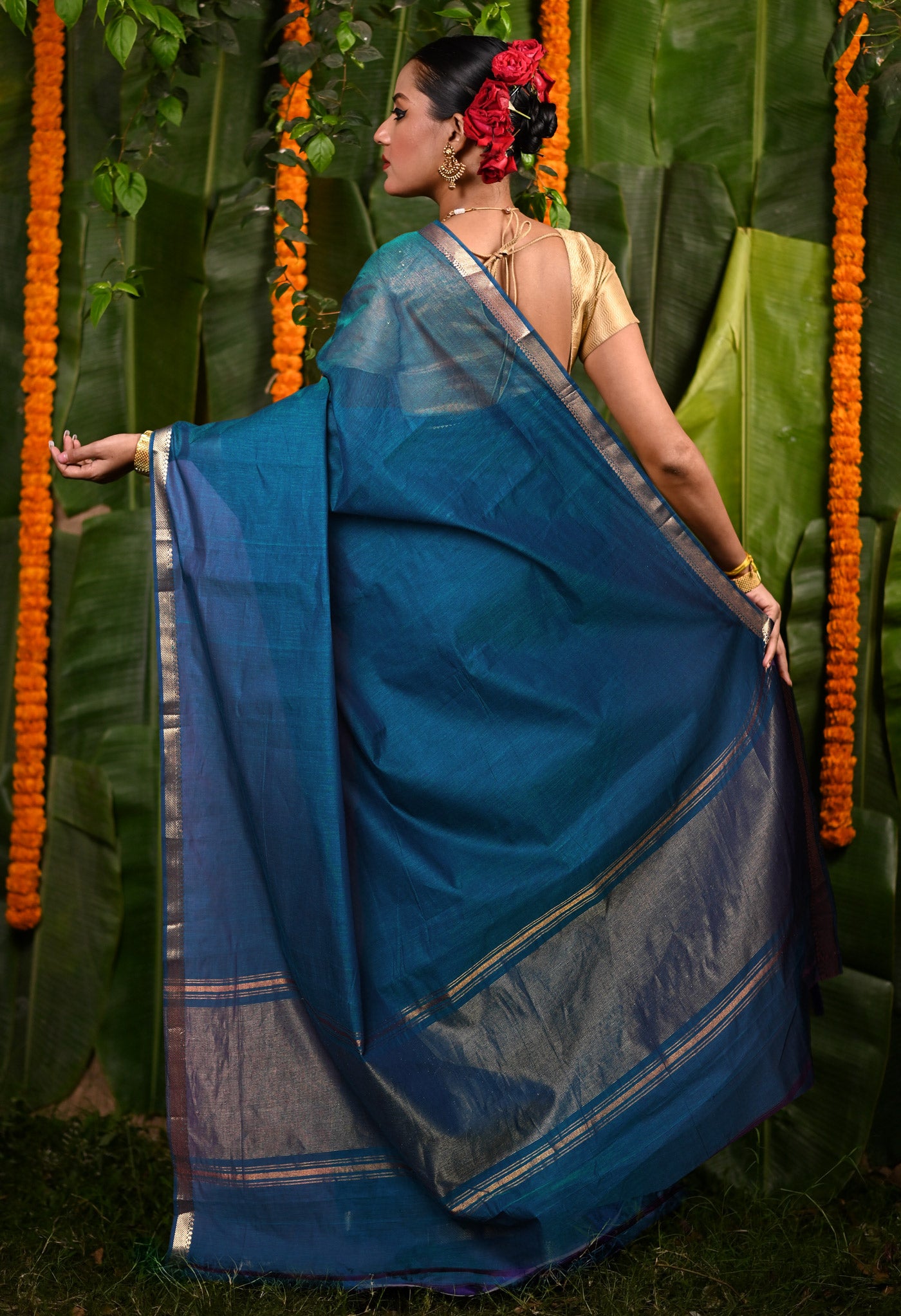 Peacock Blue Pure Plain Mangalgiri Cotton Saree-UNM82884