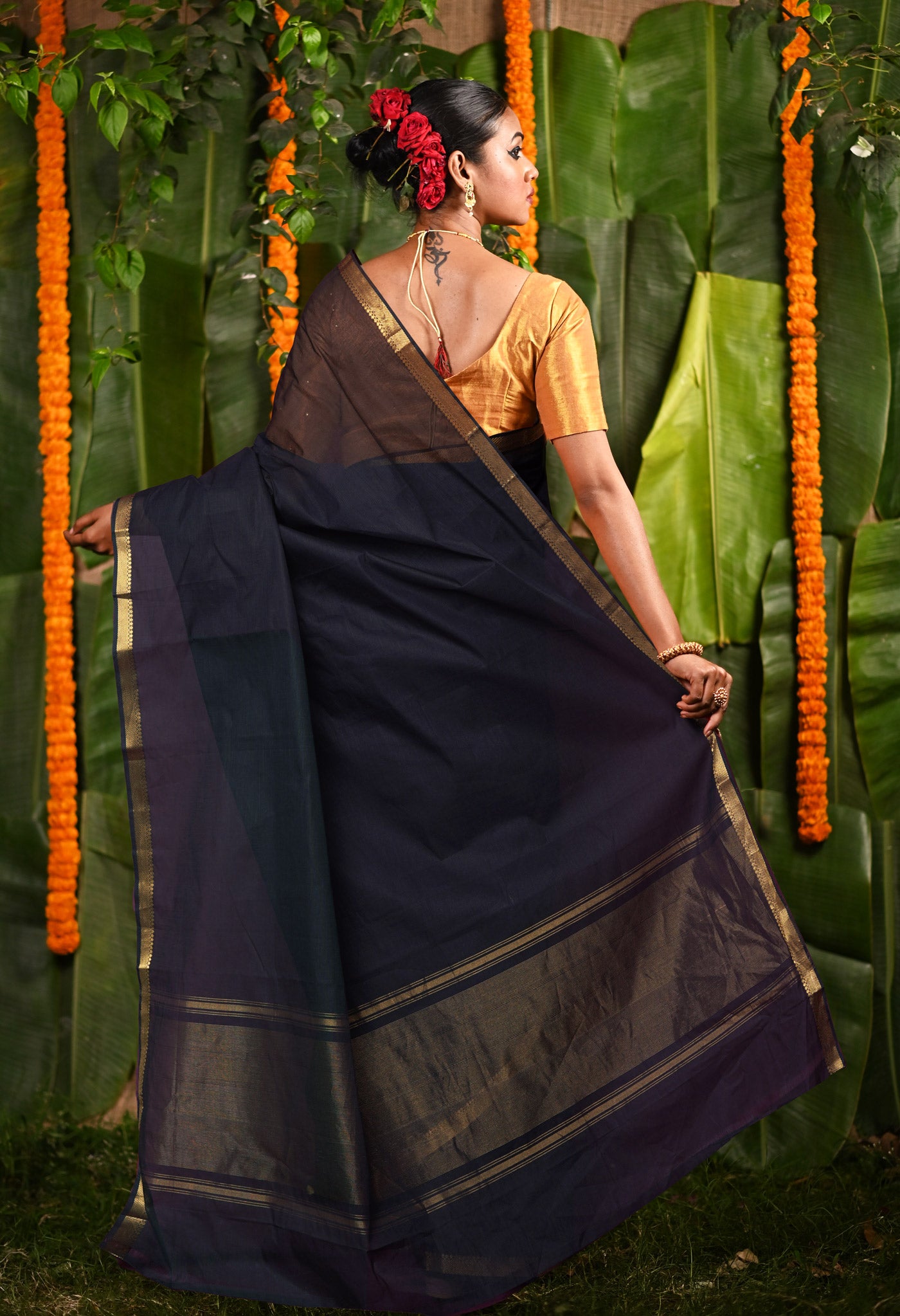 Black Pure Plain Mangalgiri Cotton Saree-UNM82885