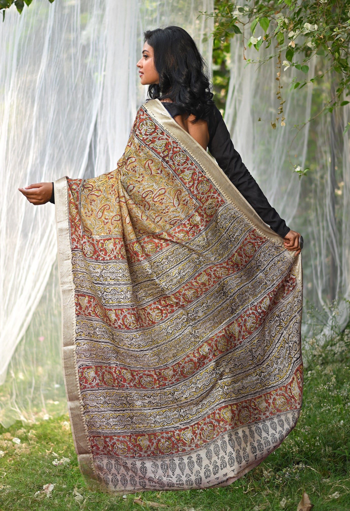 Yellow Pure Kalamkari Printed Soft Silk Saree-UNM82896