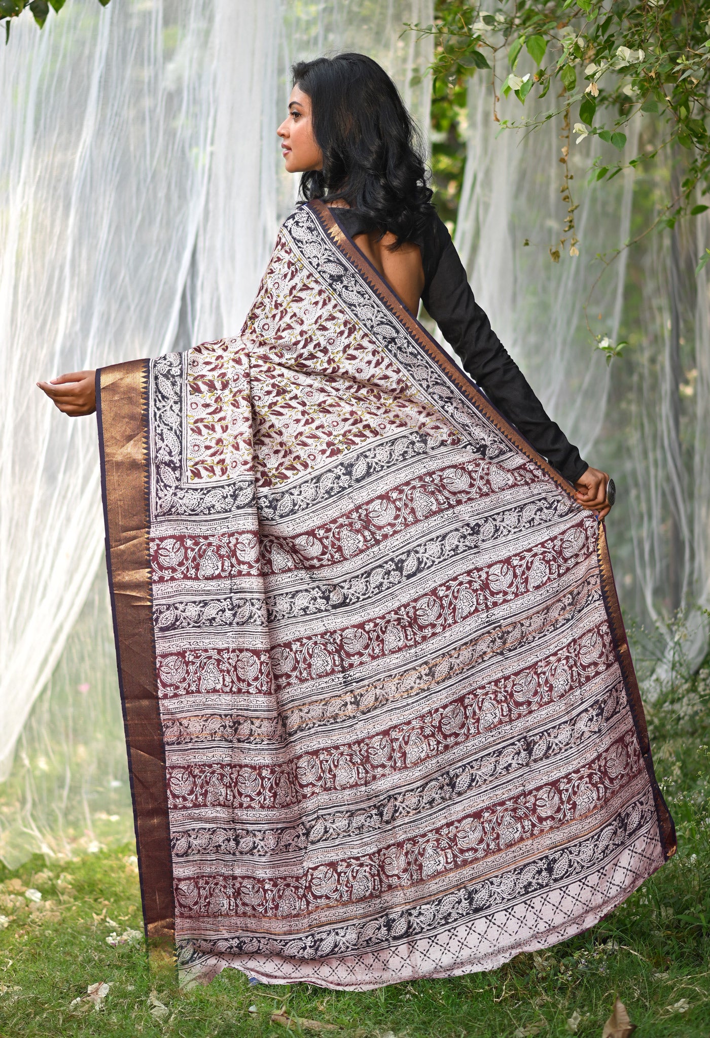 Cream Pure Kalamkari Printed Soft Silk Saree-UNM82898