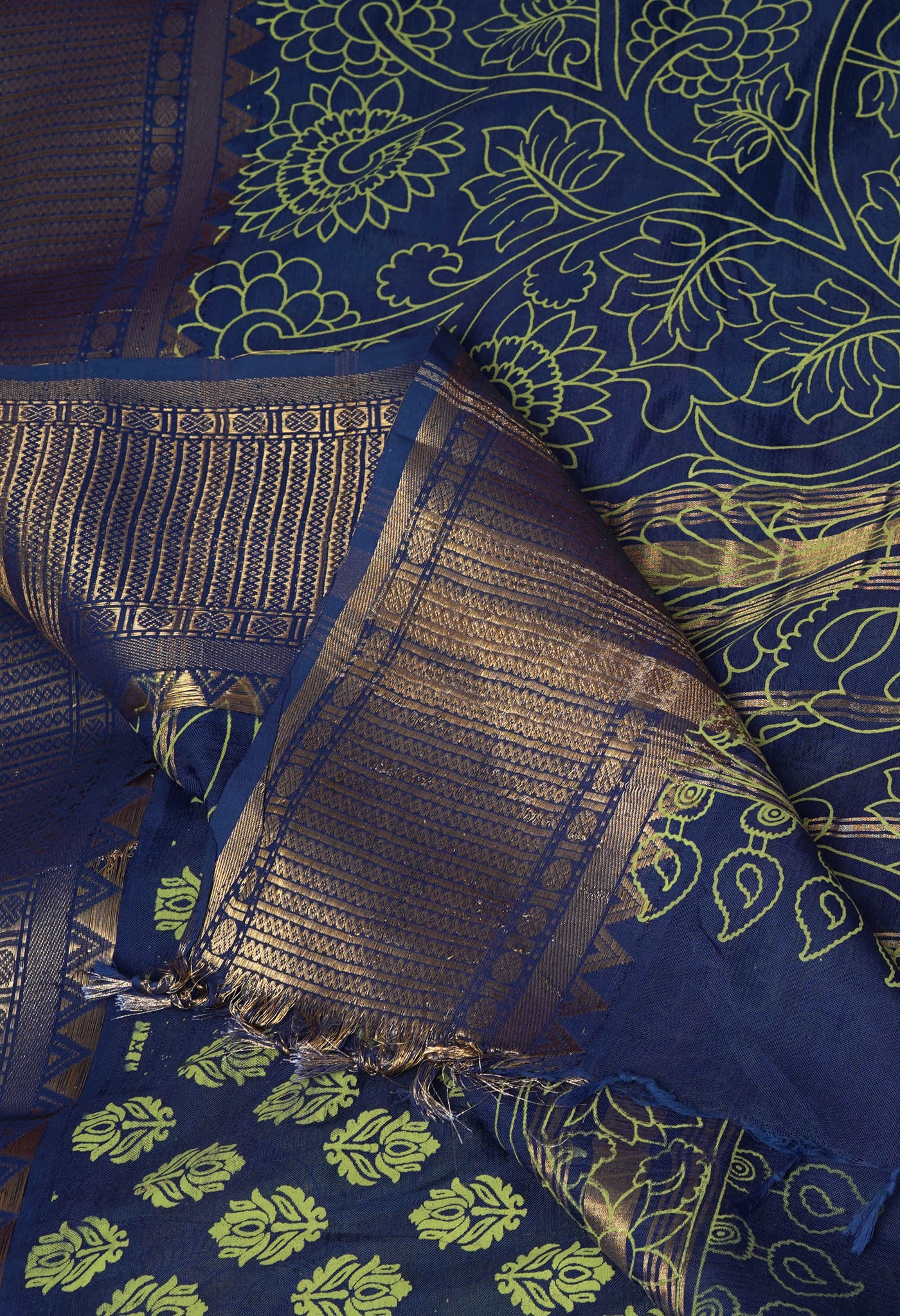 Mehendi Green-Navy Blue Pure Designer Printed Soft Silk Saree-UNM82904