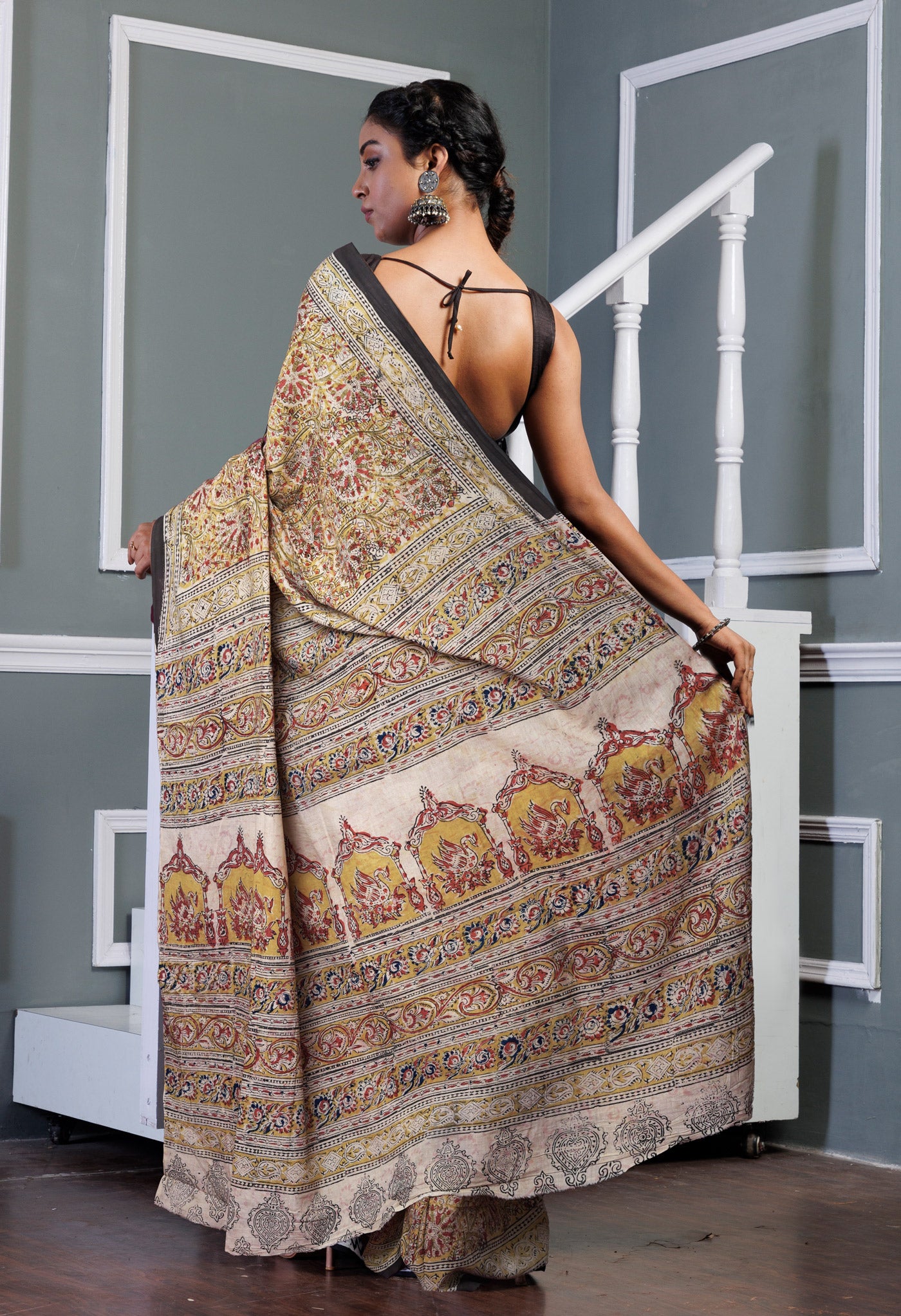 Yellow Pure Kalamkari Printed Soft Mulmul Cotton Saree-UNM82909