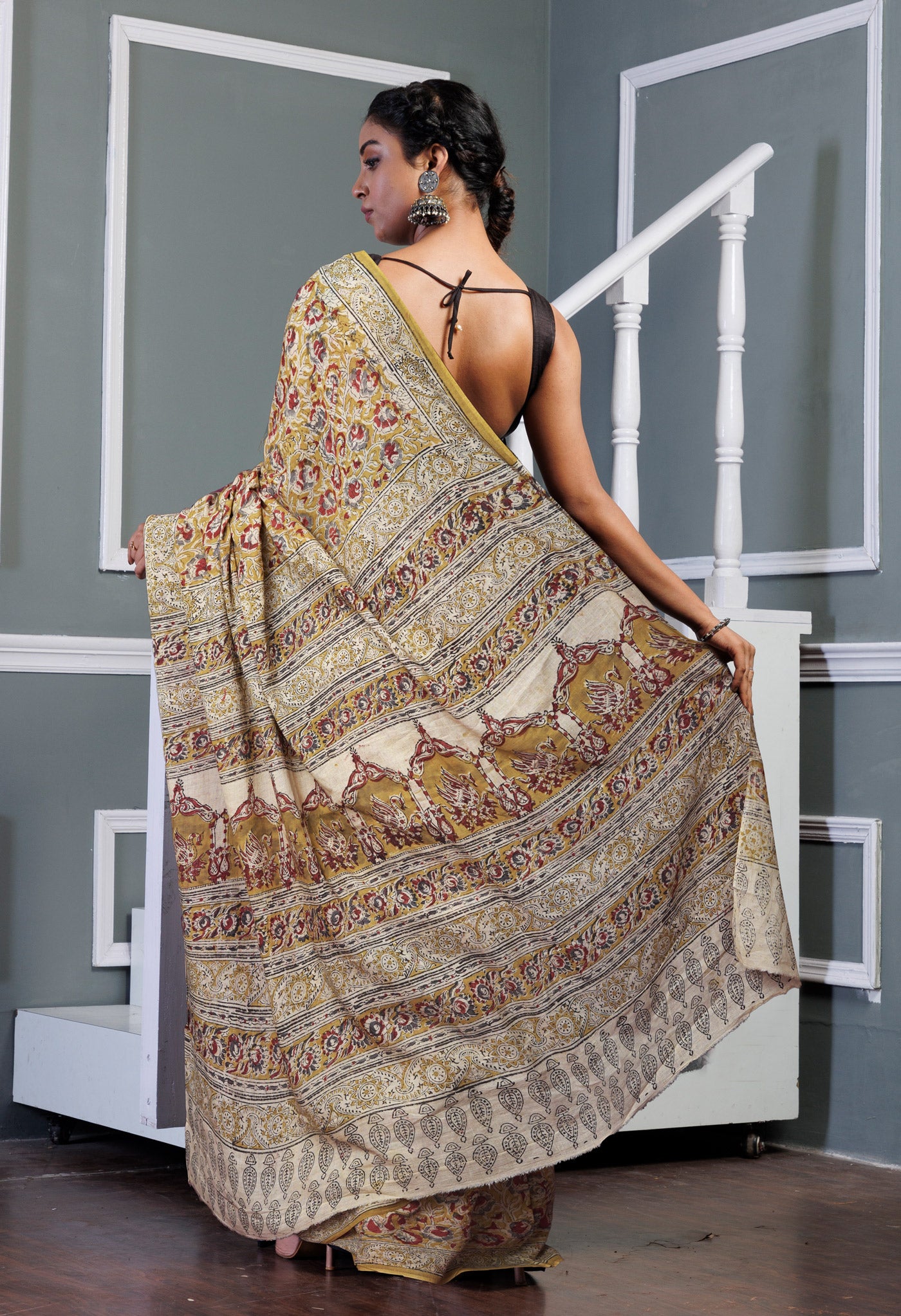 Yellow Pure Kalamkari Printed Soft Mulmul Cotton Saree-UNM82911