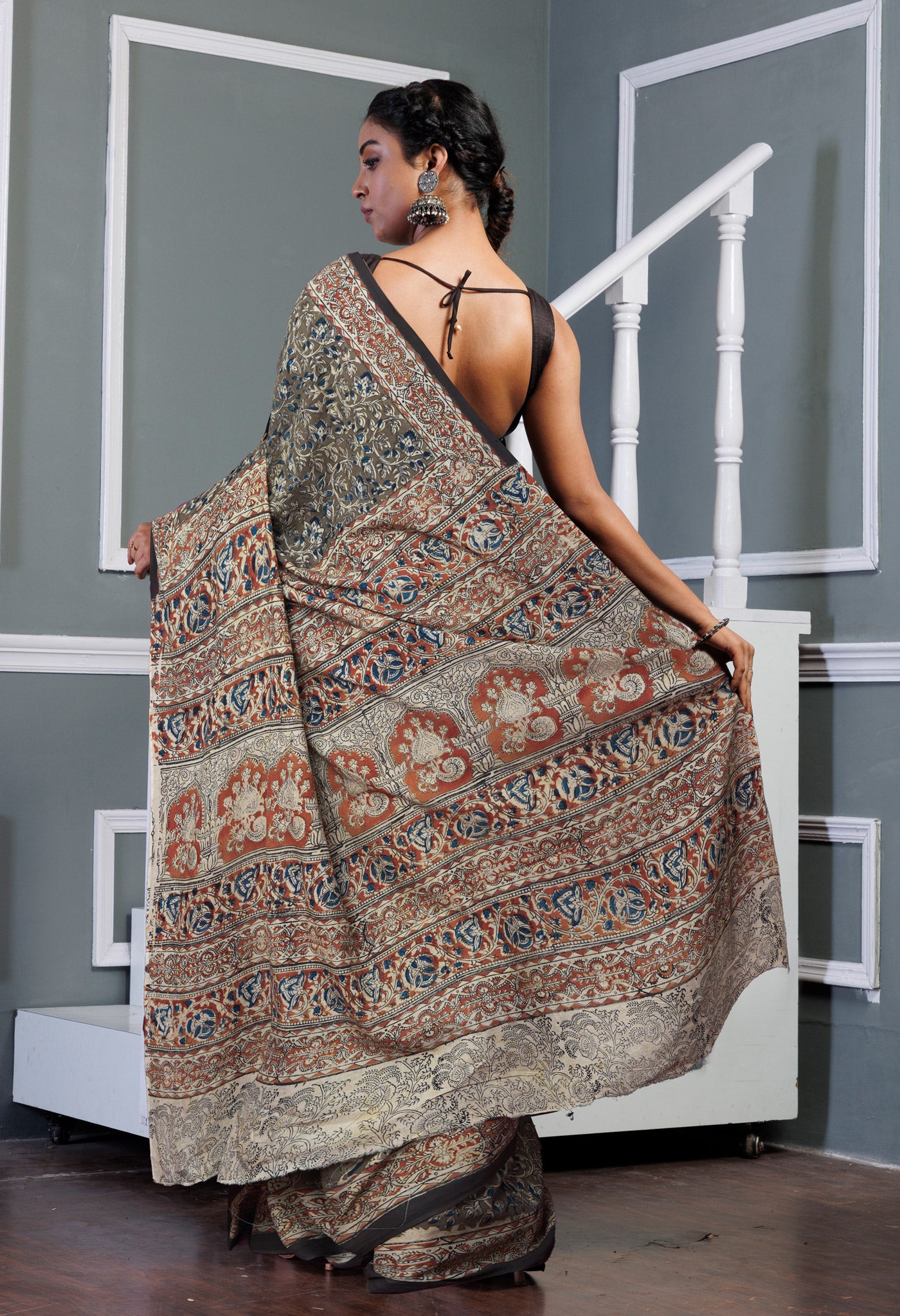 Grey Pure Kalamkari Printed Soft Mulmul Cotton Saree-UNM82913