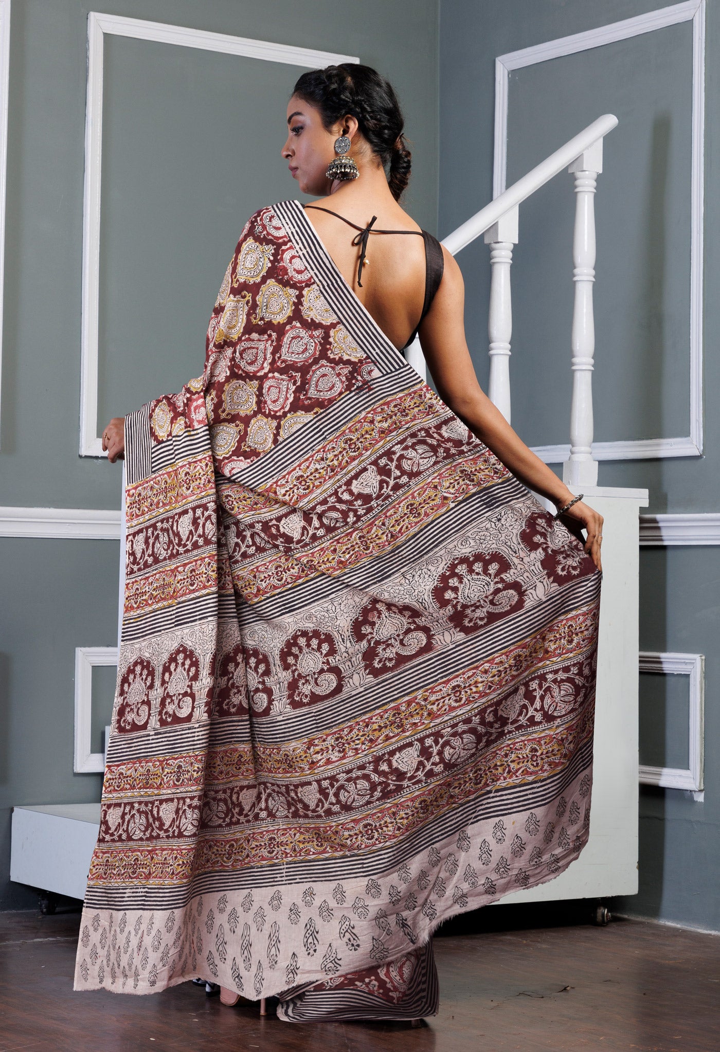 Maroon Pure Kalamkari Printed Soft Mulmul Cotton Saree-UNM82914