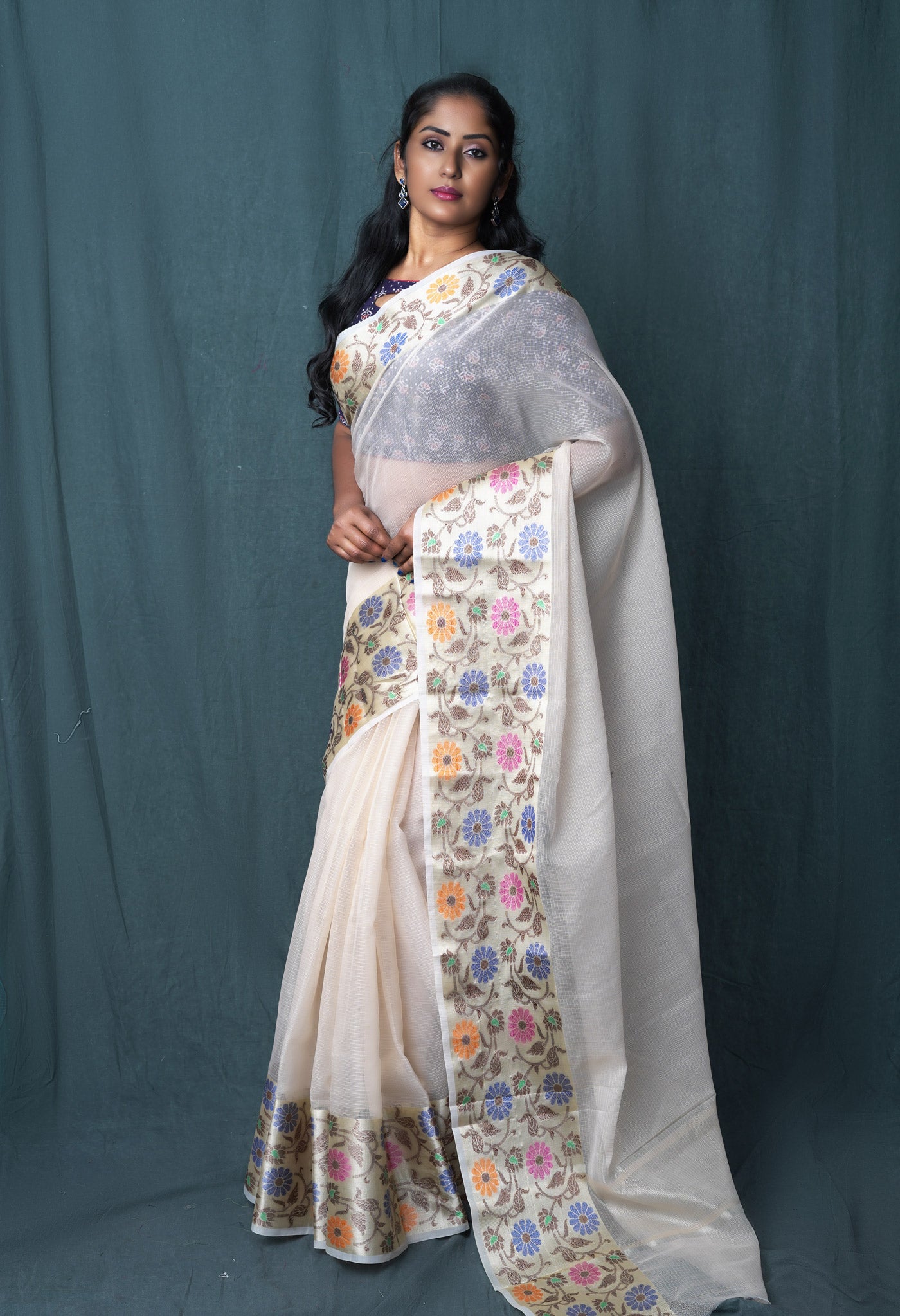 Cream Pure Banarasi Kota Saree-UNM82935
