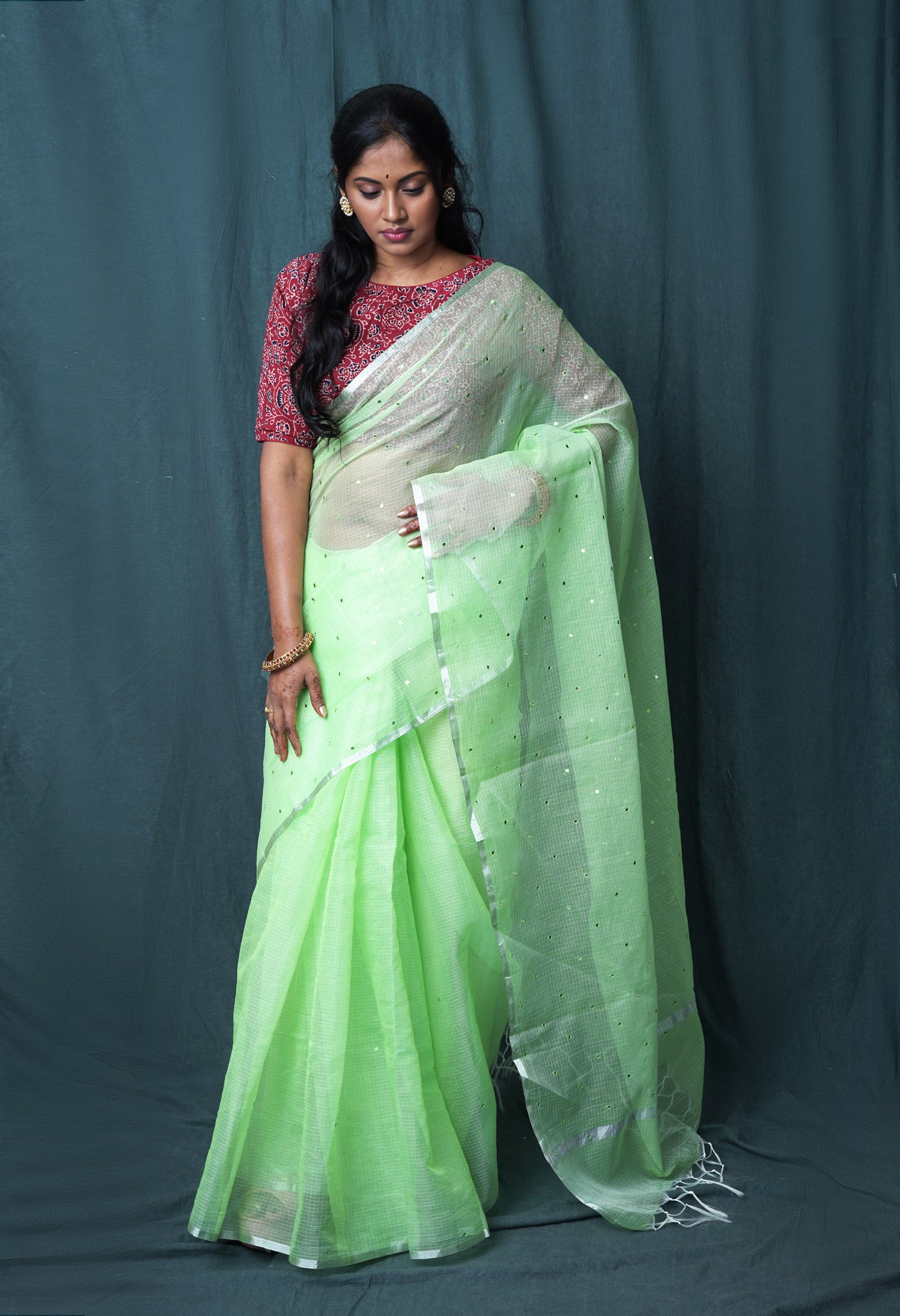 Green Pure Mirror Work Kota Saree-UNM82949