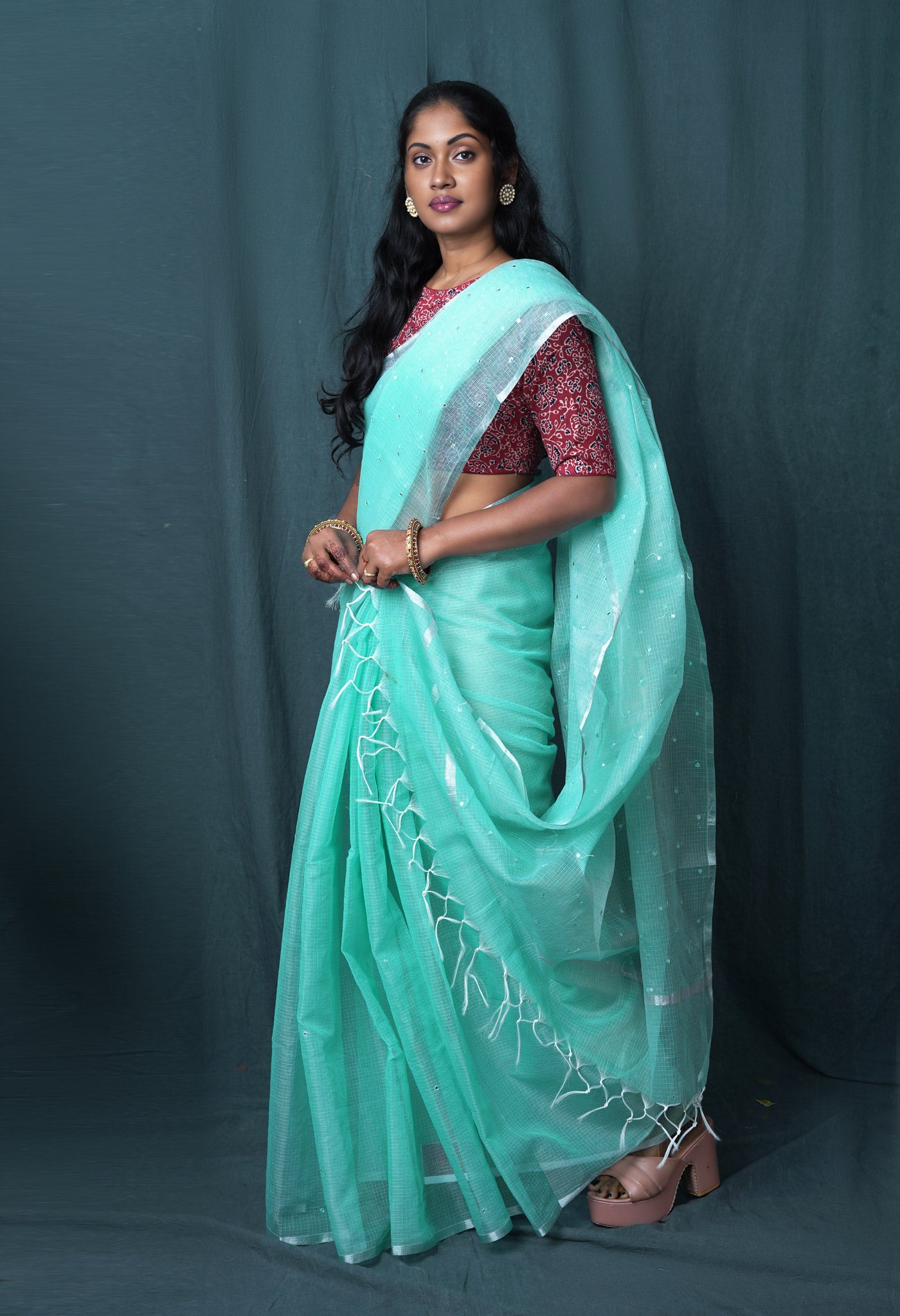 Turquoise Blue Pure Mirror Work Kota Saree-UNM82955