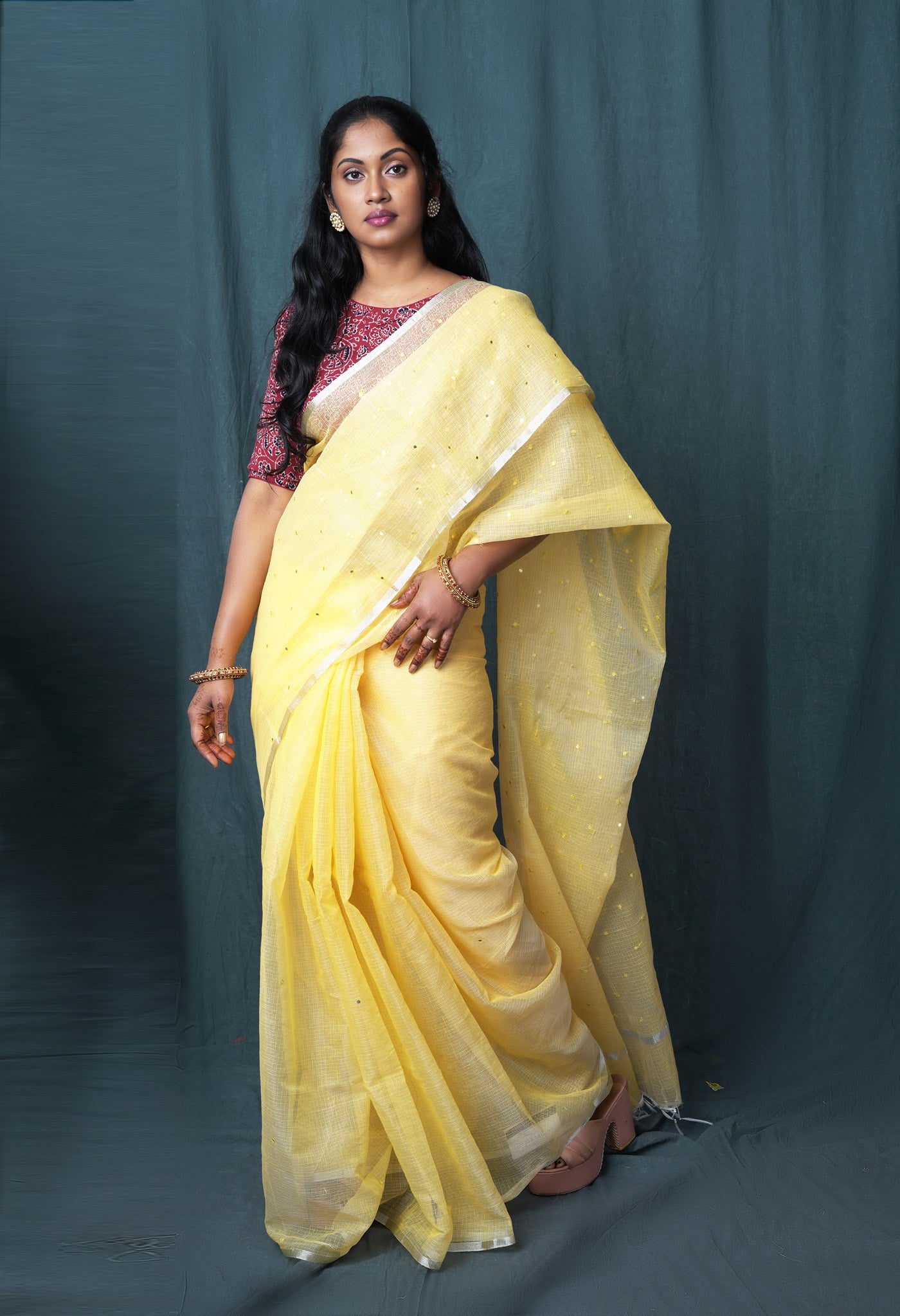 Yellow Pure Mirror Work Kota Saree-UNM82956