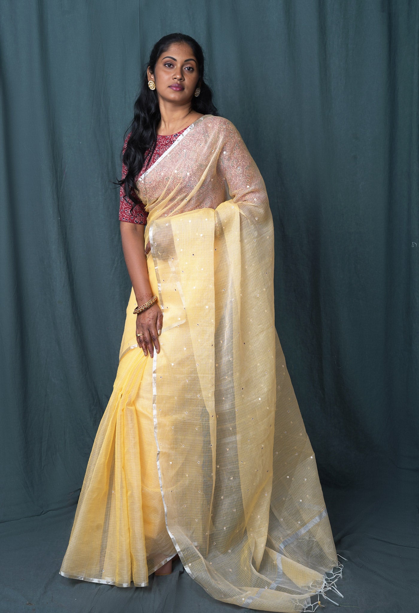 Yellow Pure Mirror Work Kota Saree-UNM82958