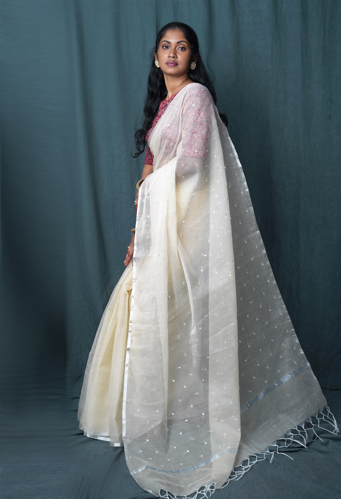 Cream Pure Mirror Work Kota Saree-UNM82961