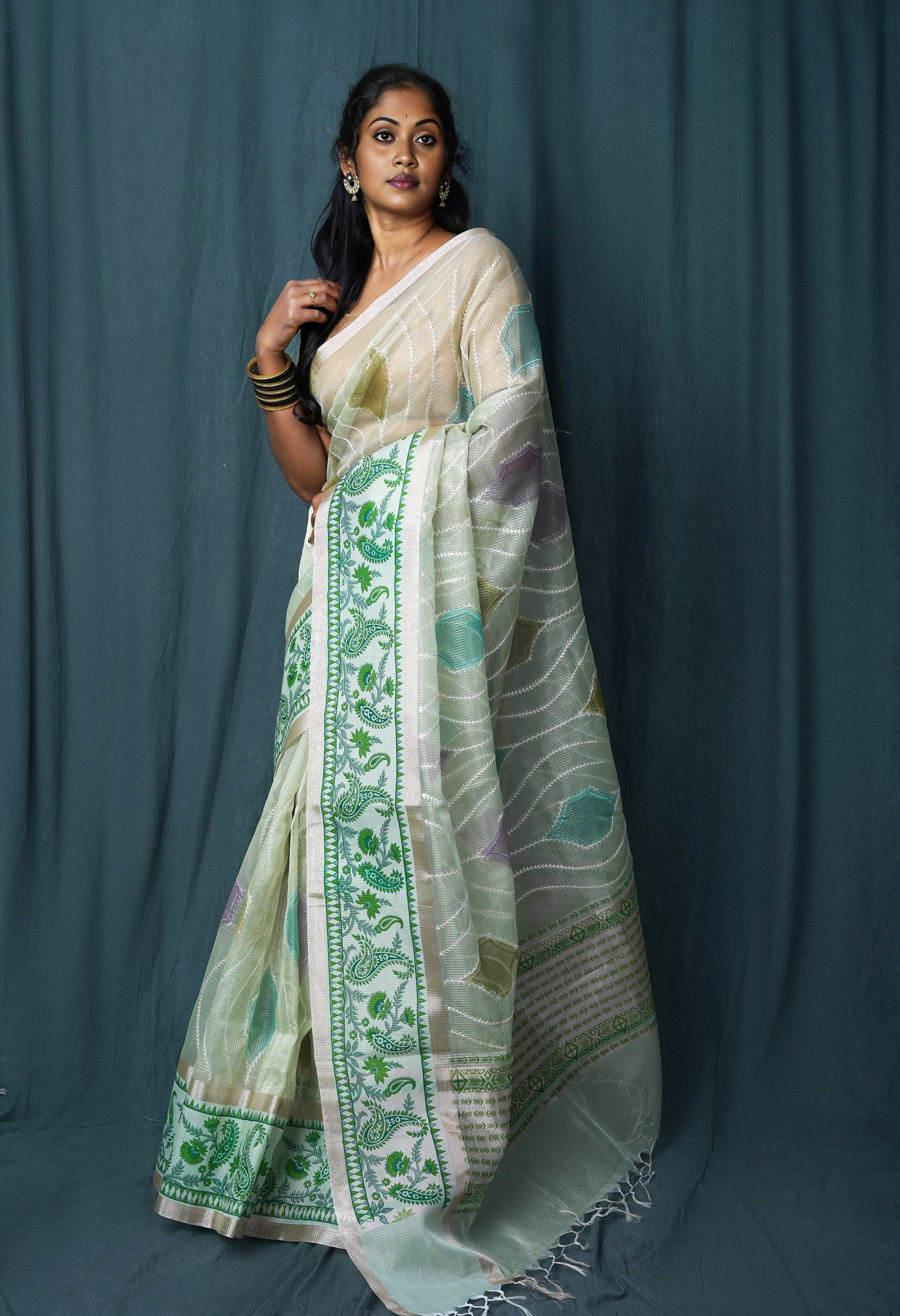 Green Pure Banarasi Zari Weaving Checks and Applique With Emboridery Kota Saree-UNM82962