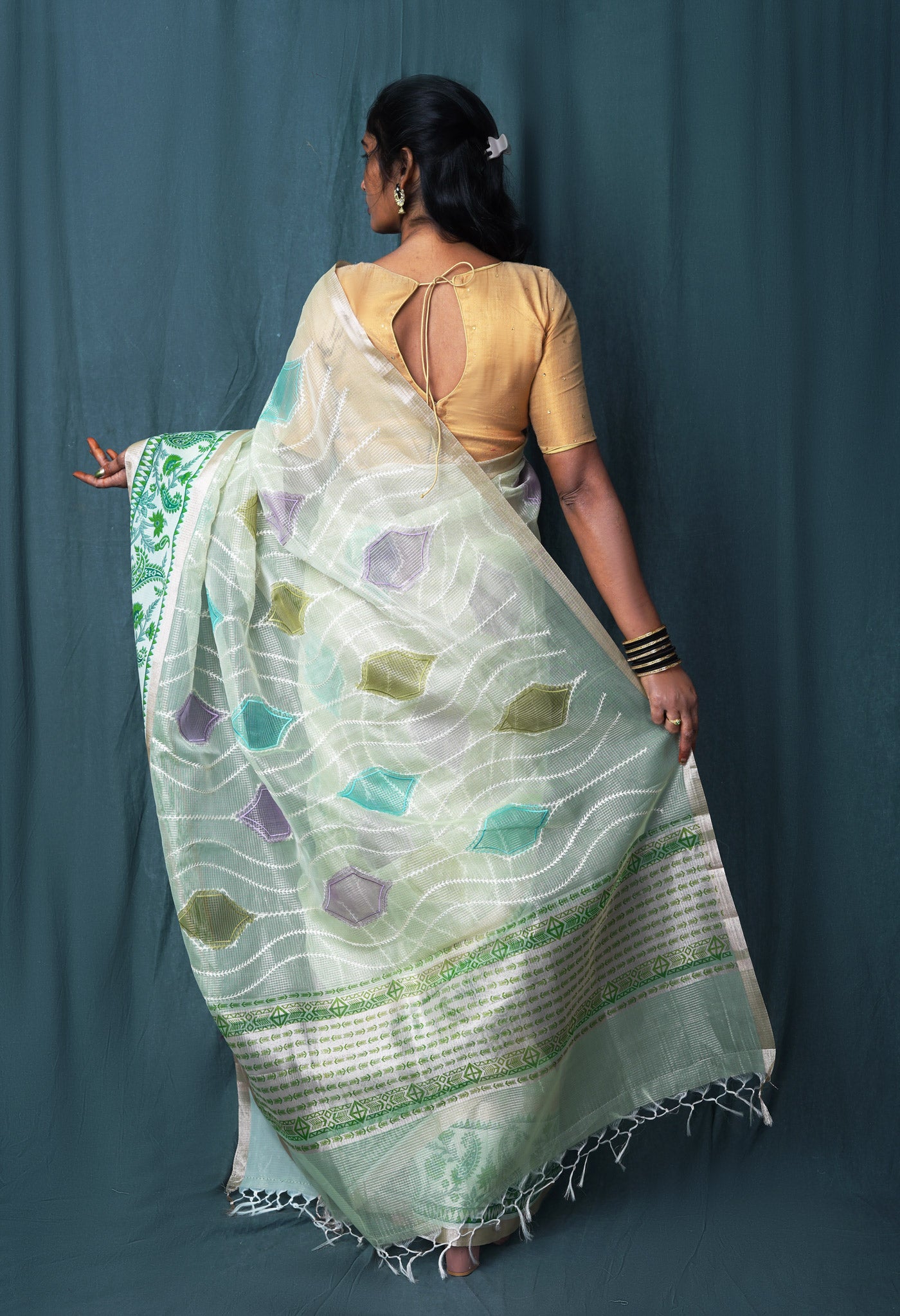 Green Pure Banarasi Zari Weaving Checks and Applique With Emboridery Kota Saree-UNM82962