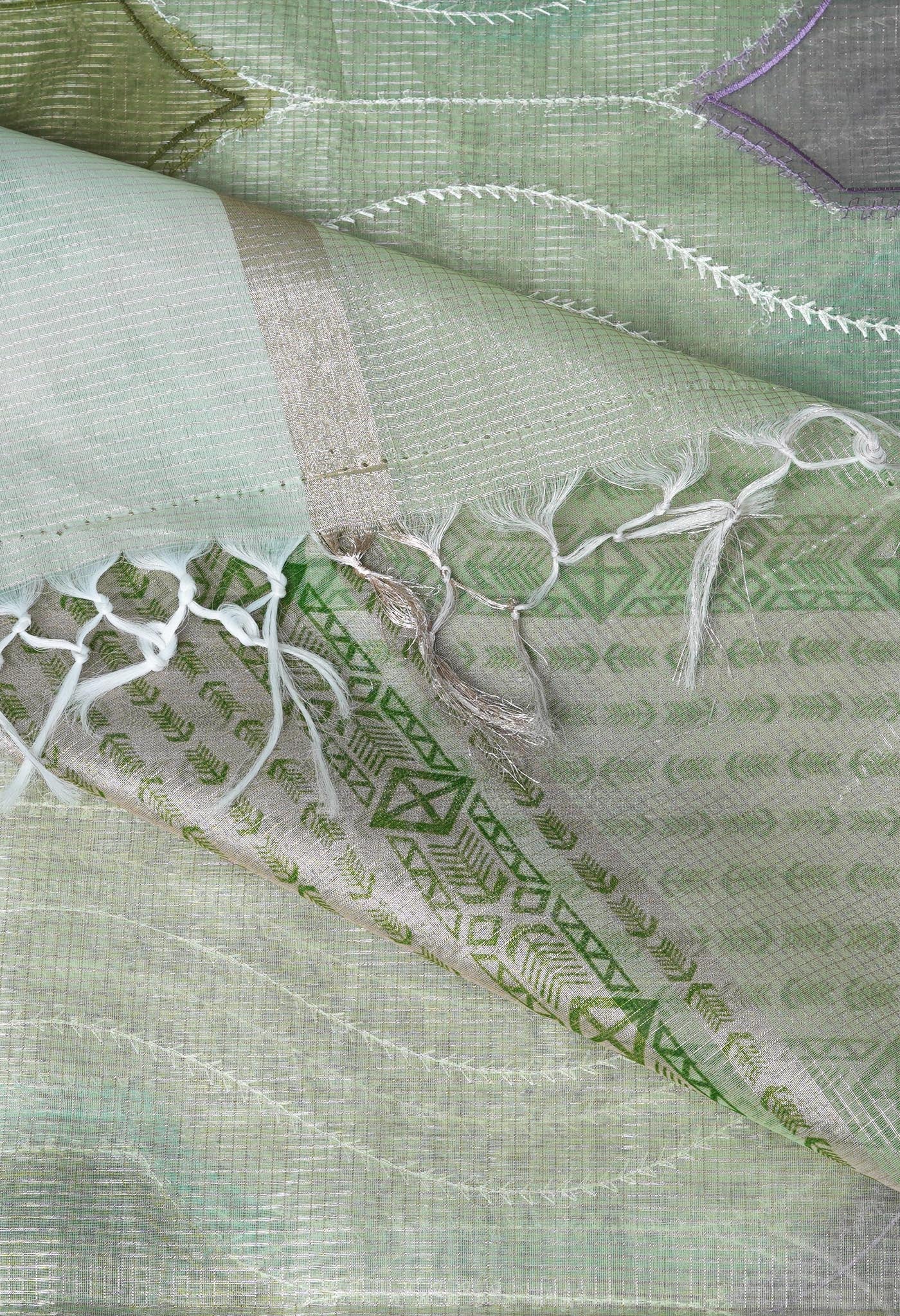 Green Pure Banarasi Zari Weaving Checks and Applique With Emboridery Kota Saree-UNM82962